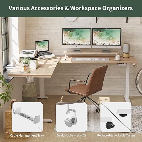 Miniatura 5 de FEZIBO Escritorio eléctrico en forma de L de triple motor, escritorio esquinero de pie ajustable en altura, estación de trabajo de pie de 63