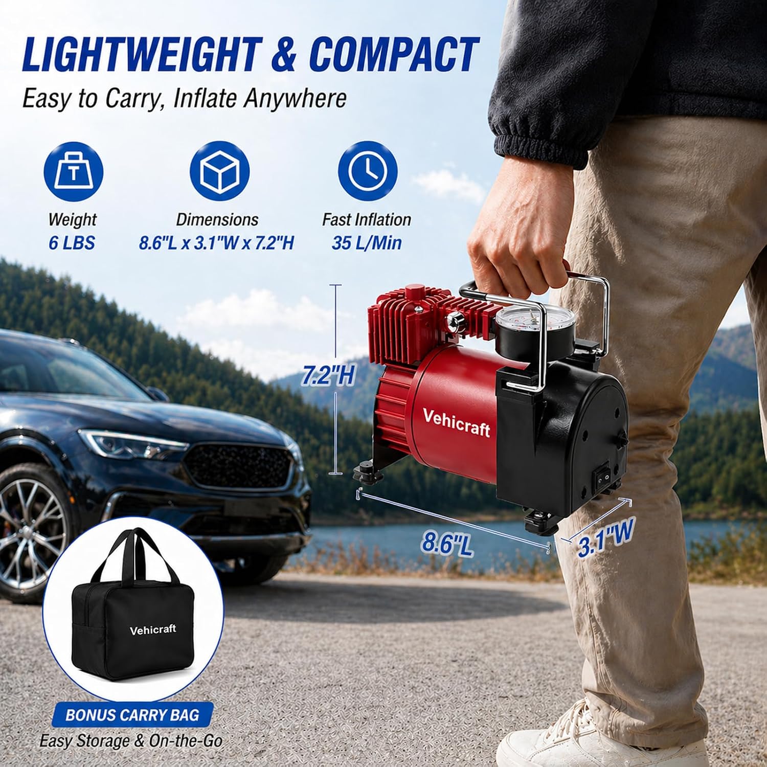 Tire Inflator Portable Air Compressor Up to 150 PSI,12V Portable Air Compressor Pump with Portable Bag, Metal Air Pump for Balls, Bicycle, Motorcycle, Car, Air Bed,Red