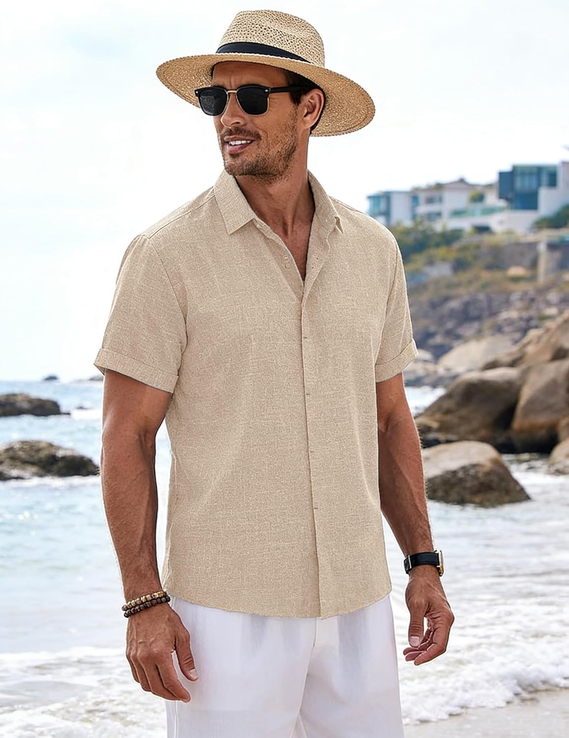 Mens Linen Shirts Short Sleeve Casual Shirt Button Down Summer Beach Vacation Tops Men Casual Dress Shirts Breathable - Image 2