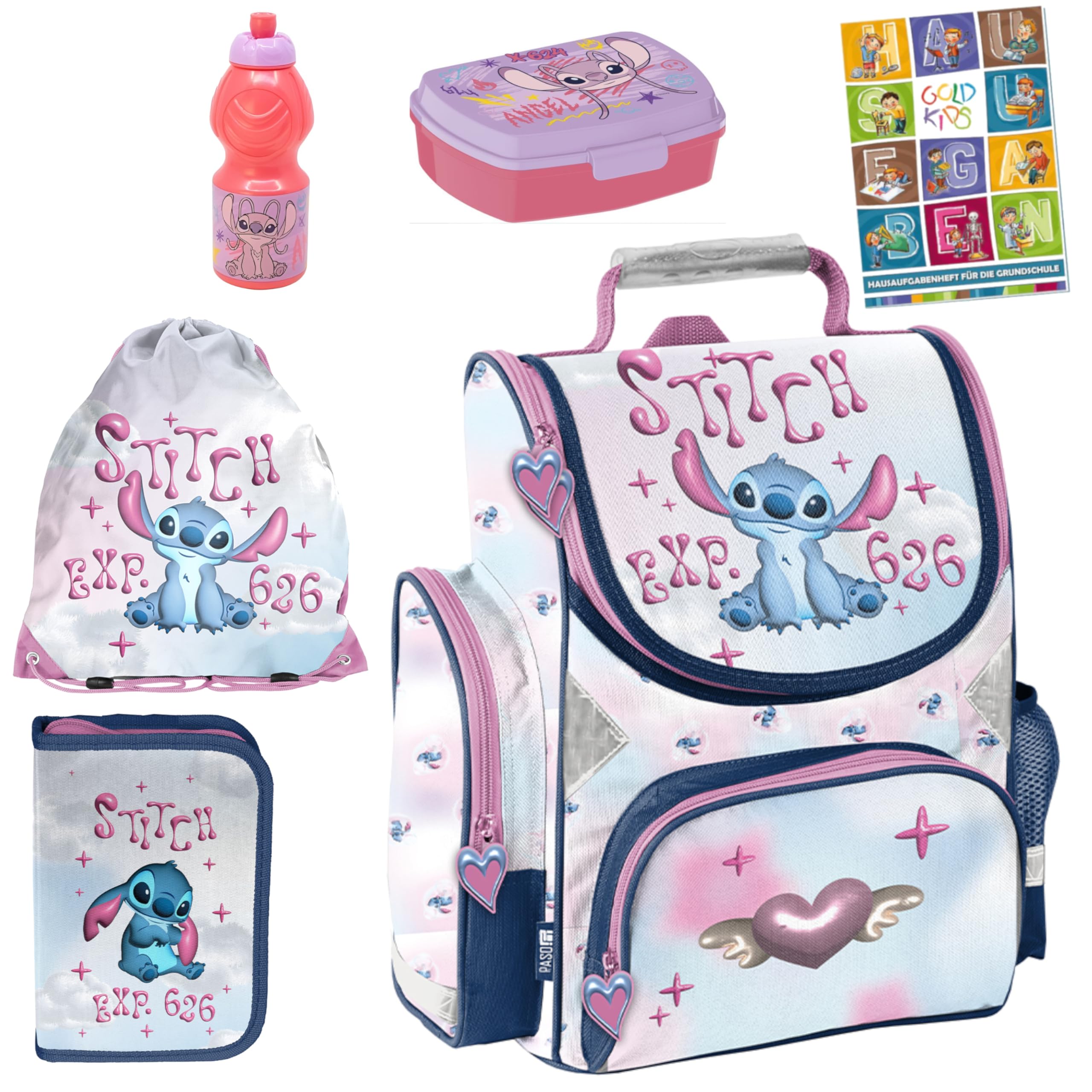 PASO- Schulranzen für Jungen und Mädchen, 6er-Set - Schul-Rucksack für Kinder mit Federmäppchen - Schuhbeutel Trinkflasche und Brotdose - Stitch Motiv- 1-3 Klasse