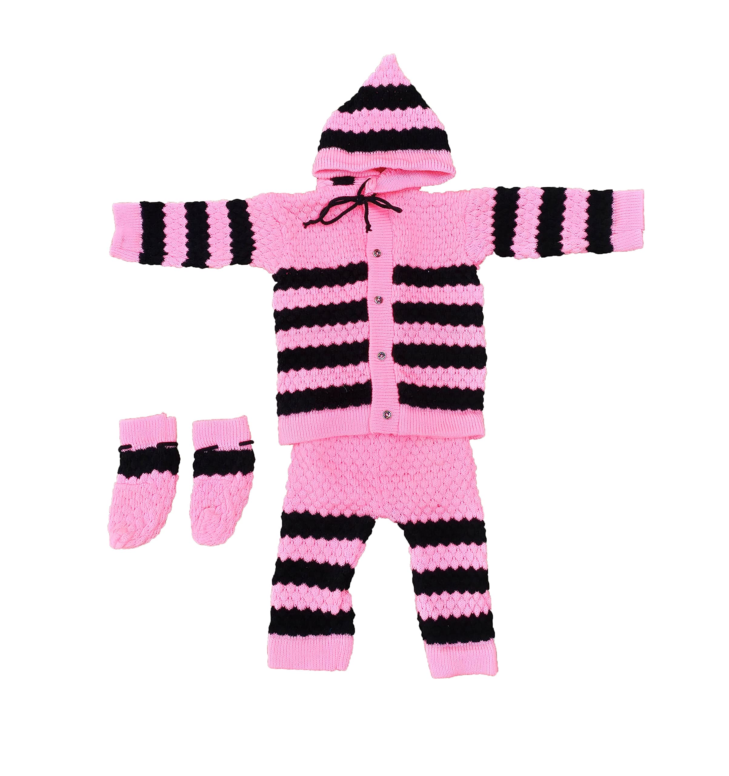 CUSTOMARY Baby Boy's and Baby Girl's Soft Woolen Hoodie Sweater with Pyjama and Booties (0-6 Months, Light Pink Black)