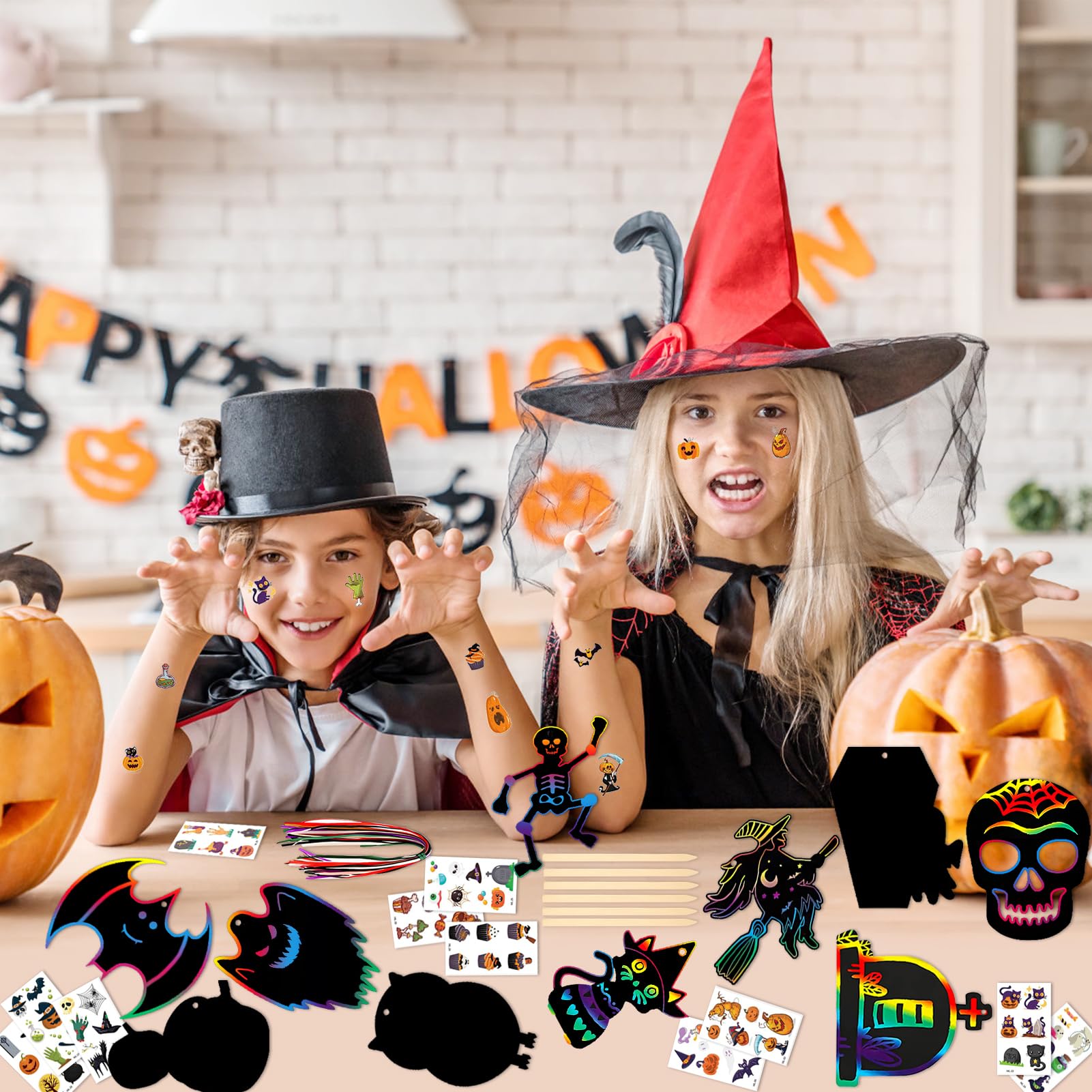 Kit Scratch Art Halloween Pour Enfants – 24 Cartes à Gratter, Autocollants, Stylos & Cordons – Activité Créative