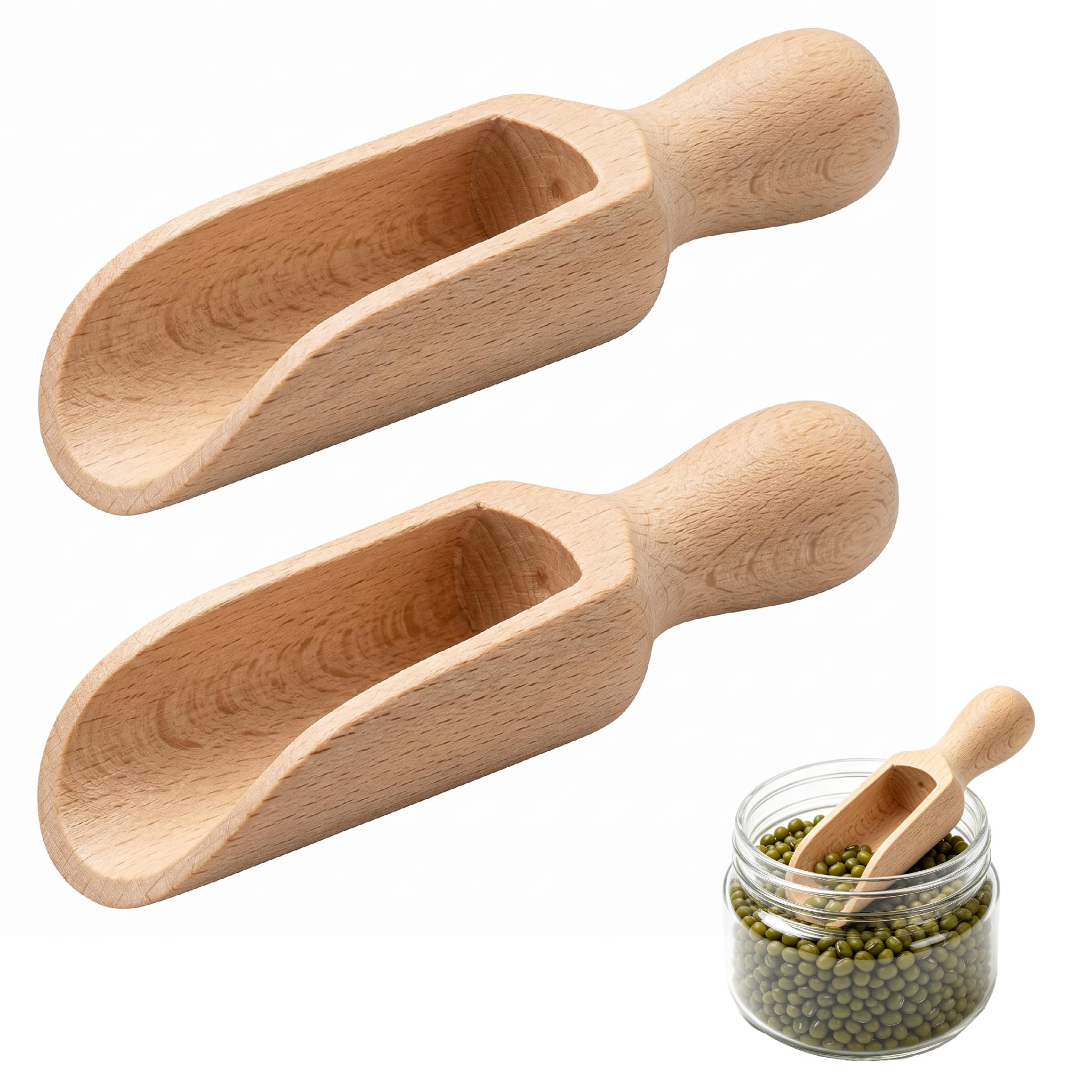 2 Pcs Wooden Scoop for Bath Salts,14cm Natural Beech Wood,Large Beechwood Scoops,Laundry Washing Powder Scoop,Multipurpose Kitchen Tools,Natural Handcrafted Scoops for Flour,Coffee,Sugar,Spices,Crafts