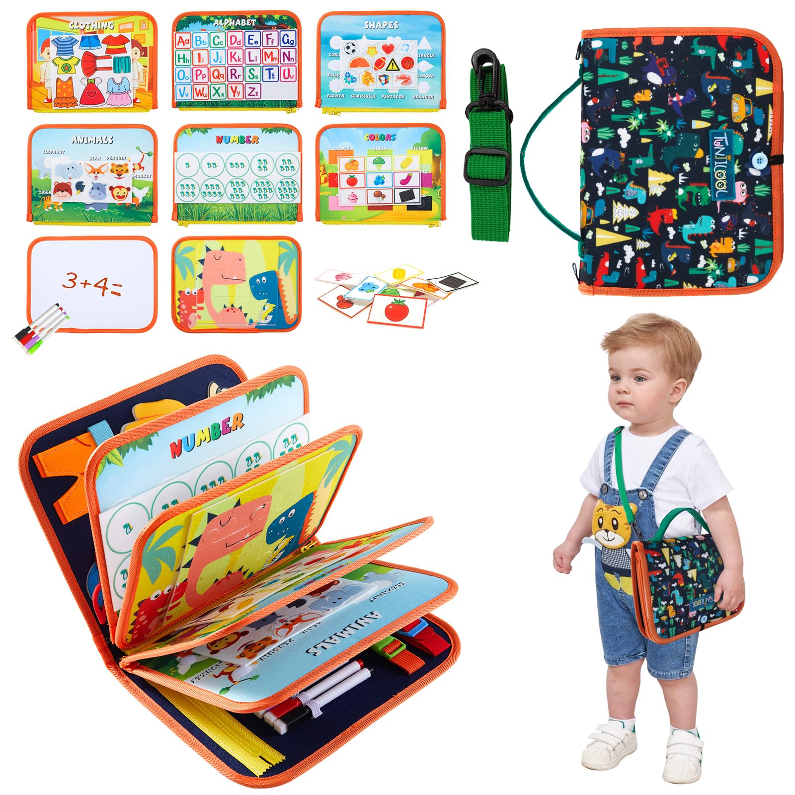10-in-1 Montessori Busy Board, Sensory Activity Board with Carry Sling, Detachable Pages for Fine Motor Skills &amp; Travel