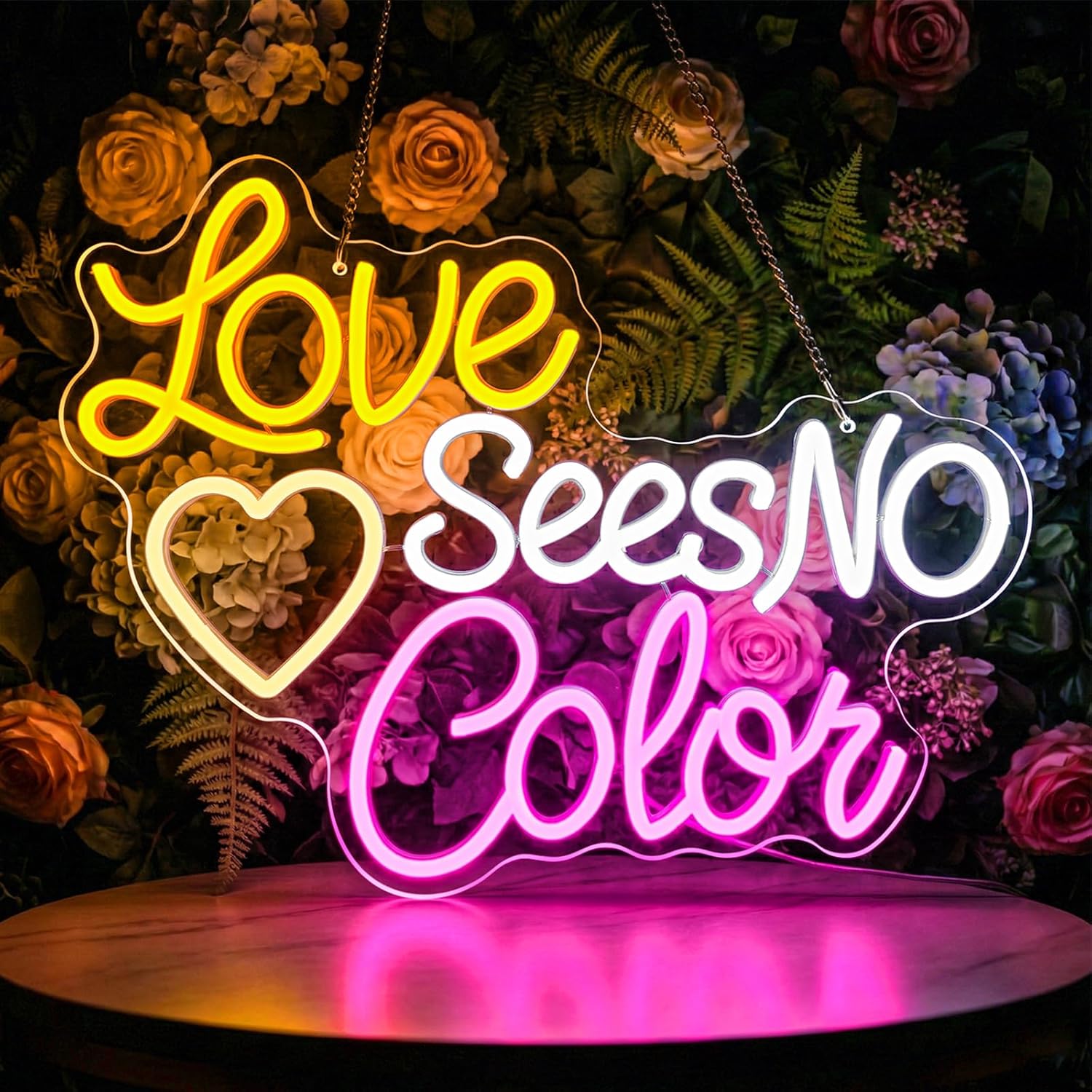 Love Sees No Color Neon Sign - LED Multicolor Heart Neon Light, USB Powered Dimmable Wall Decor, Aesthetic Quote Sign for Bedroom, Dorm, LGBTQ Pride, Equality Party Decoration (40x31cm)