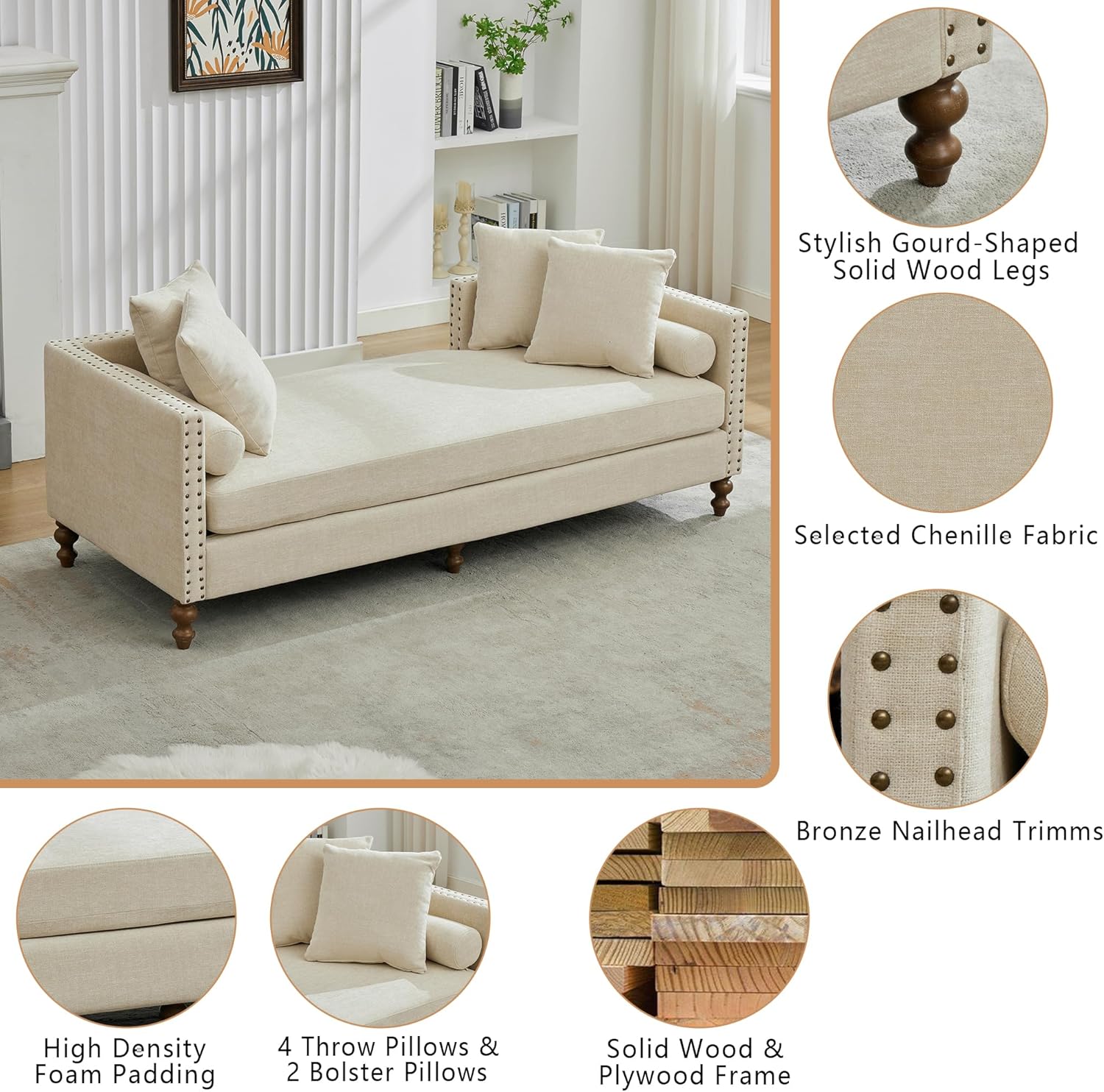 Setawix 75.2" Indoor Chaise Lounge Sofa Chair Double-Sided,Chenille Large Ottoman Bench with Open Back for Living Room Bedroom,Modern Upholstered Chaise Lounger Couch for Indoors. (Beige, 75.2")