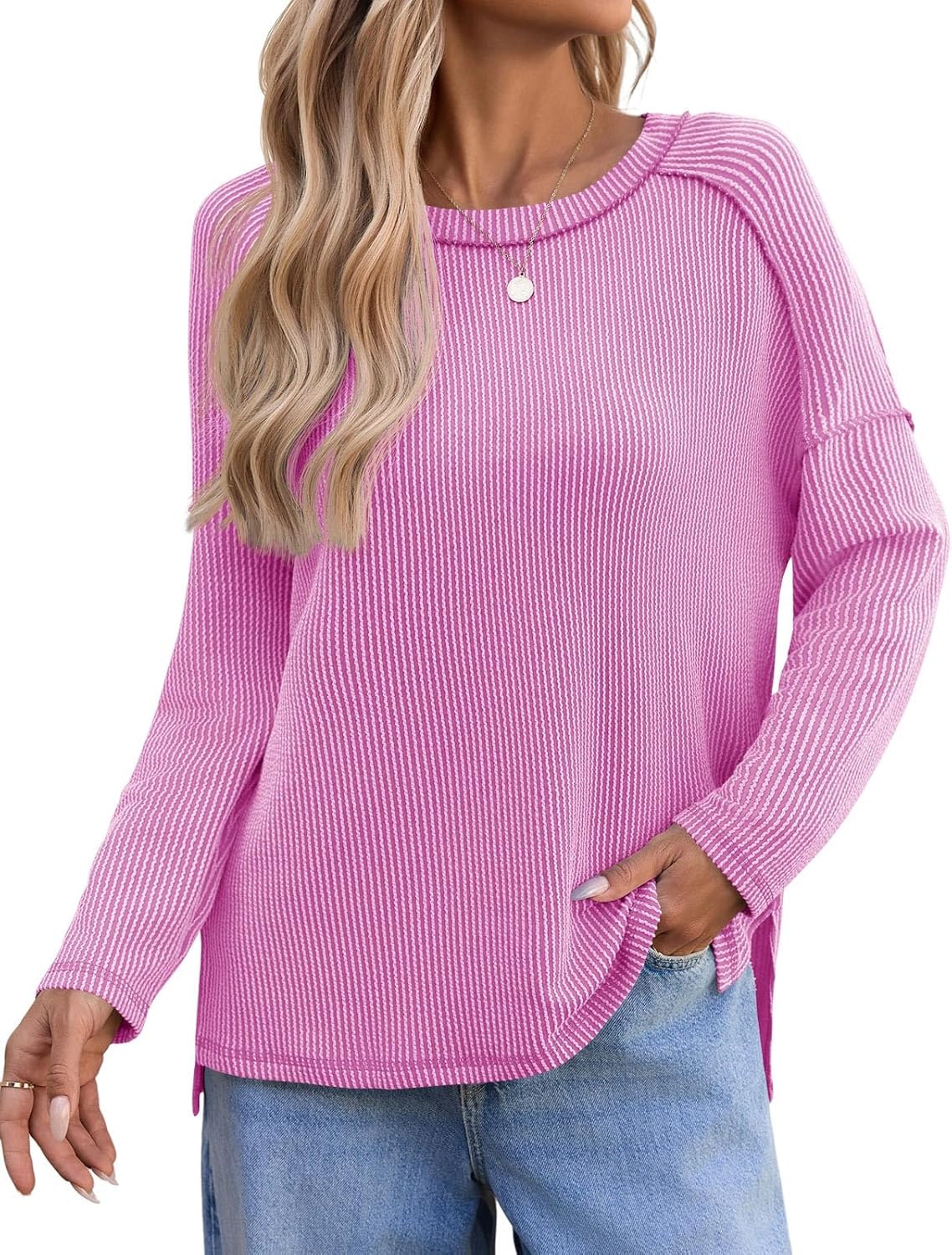 Tankaneo Womens Long Sleeve Shirts Oversized Fall Ribbed Side Slit Tunic Tops Casual Textured Loose Fit Sweaters Tees