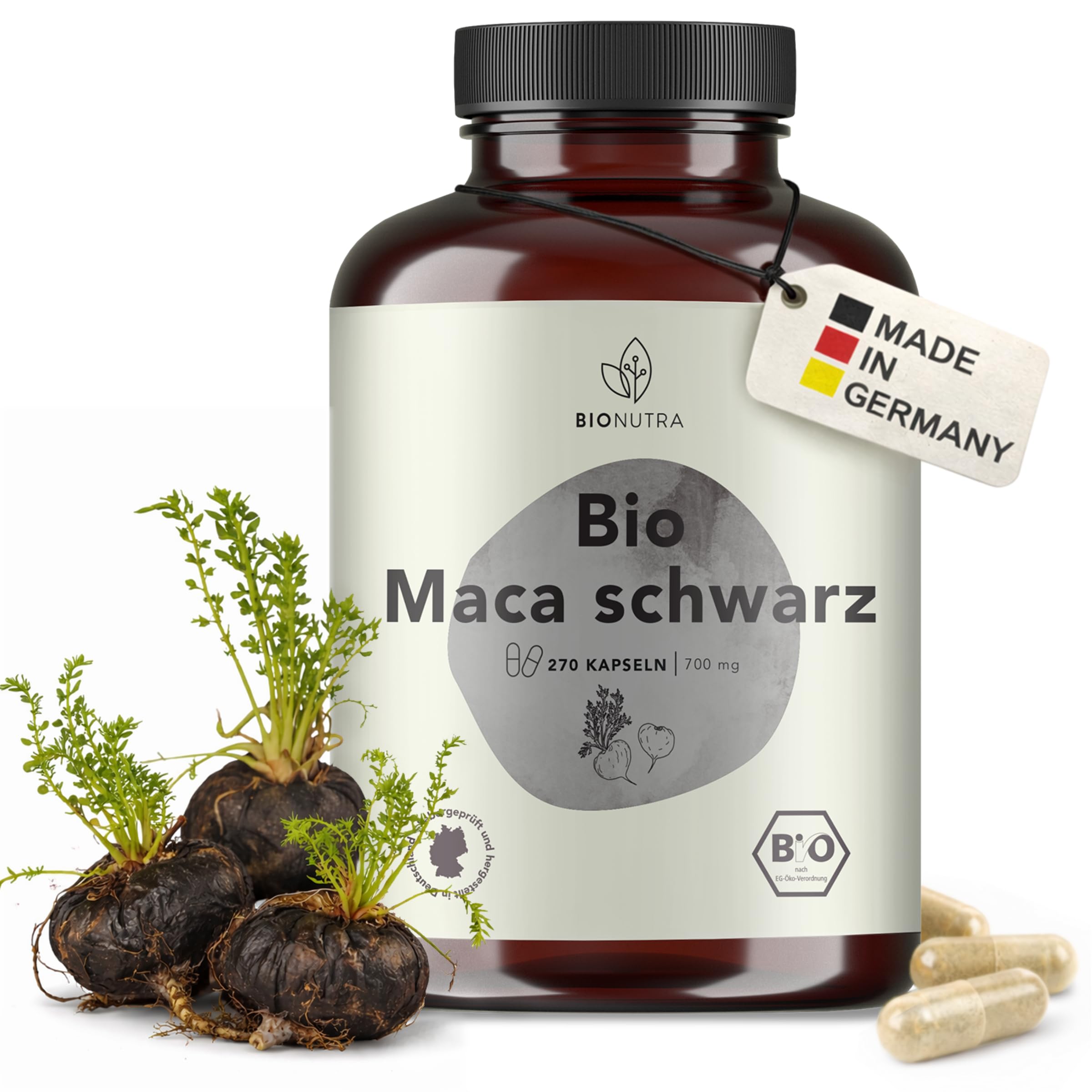 BIONUTRA® Gélules de maca noir bio hautement dosées 4200 mg/jour, contrôlées résidus, fabrication allemande, véganes, sans lactose ni gluten, sans additifs, gélules maca bio, 270 pièces x 700 mg