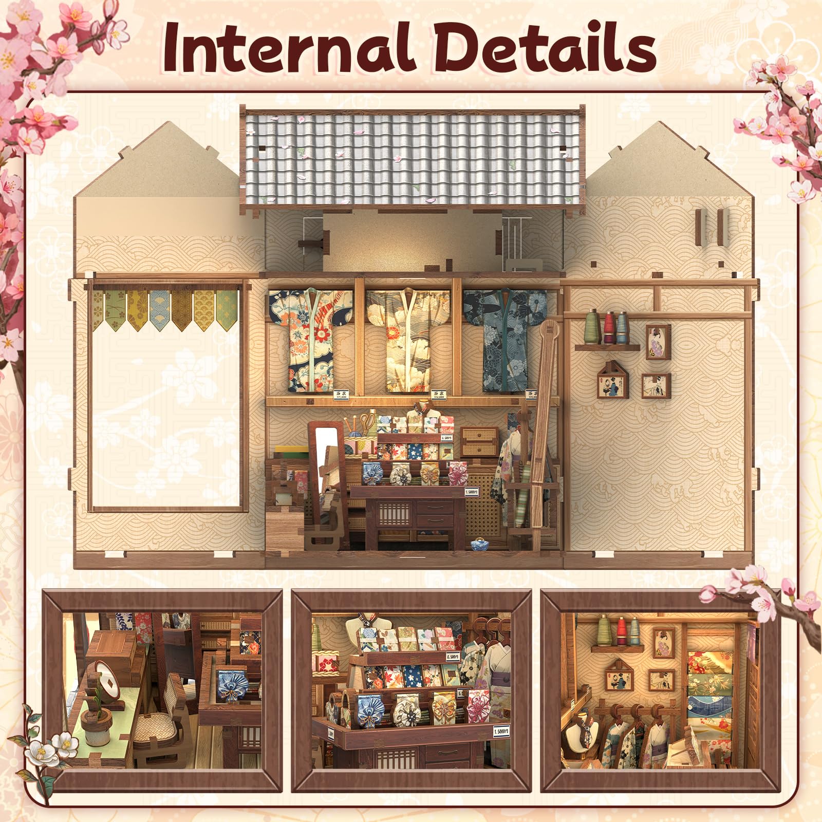 Fsolis Kit de rincón de libros, casa de muñecas japonesa en miniatura, kit de manualidades de madera 3D para adultos, decoración de estanterías, regalo (Sakura O kimono Shop)