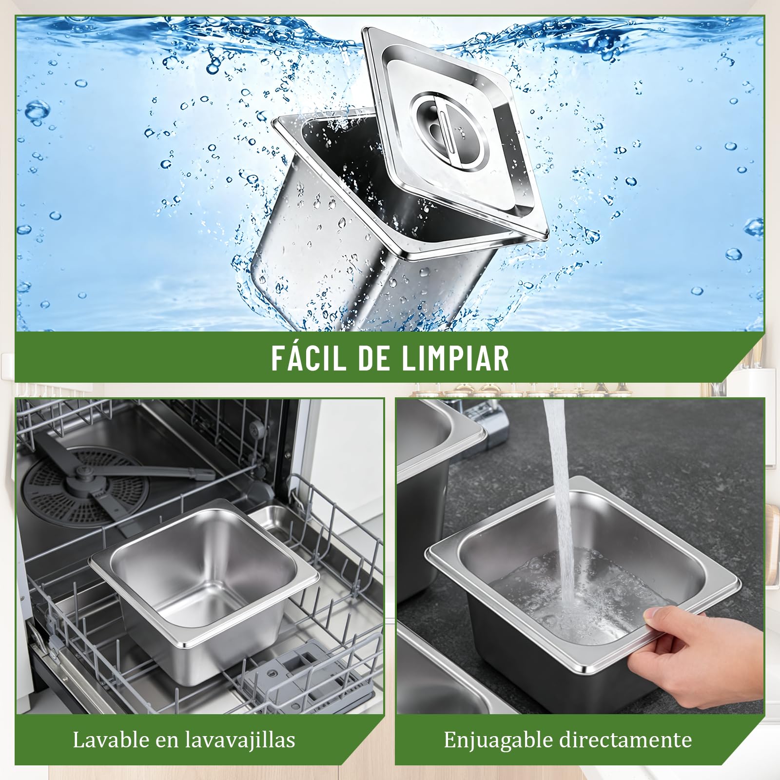 4 recipientes GN 1/6, 17,6 x 16,2 x 10 cm, recipientes de acero inoxidable con tapa, recipientes apilables para gastronomía, recipientes gastronómicos, recipientes gastronómicos, recipientes