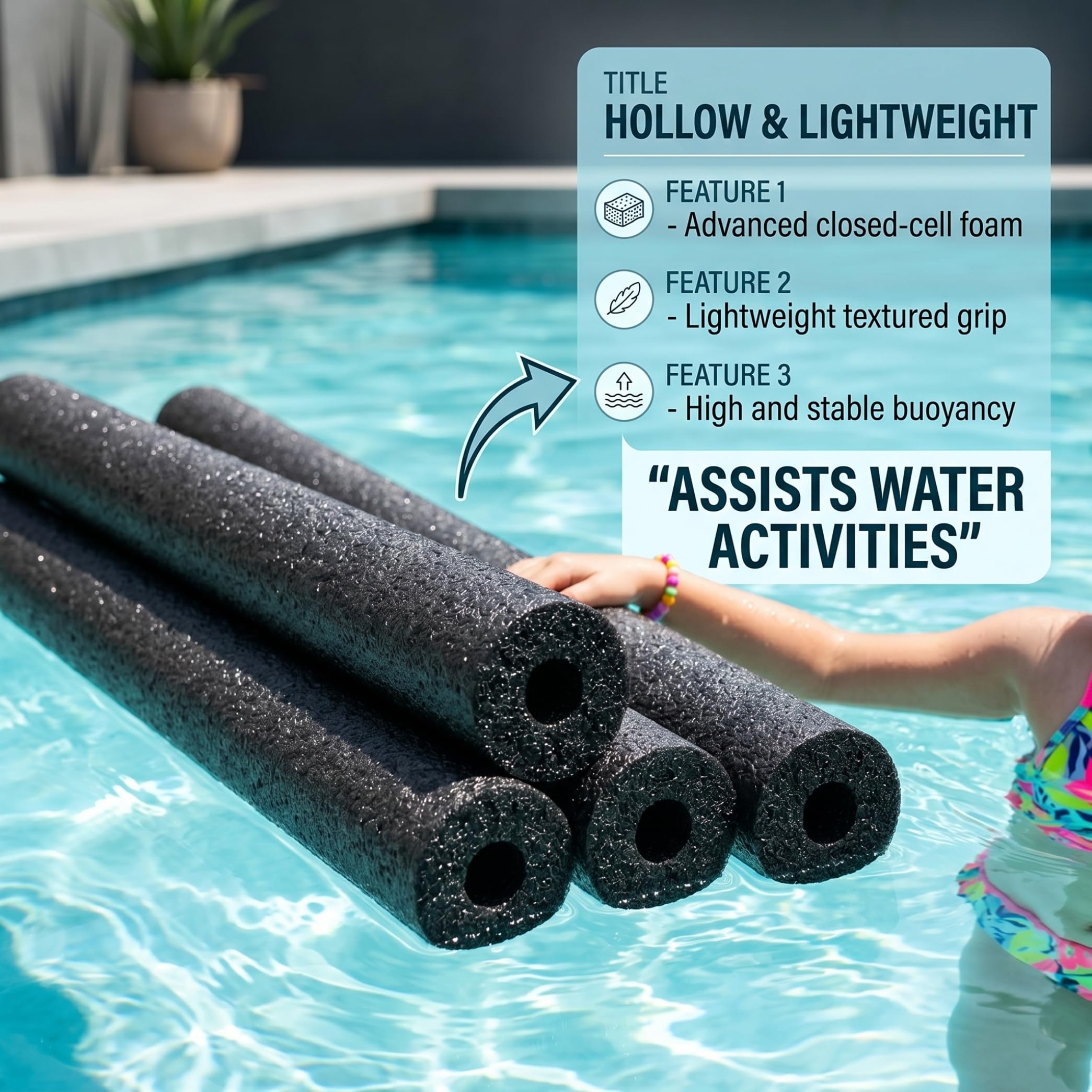 Lot de 5 nouilles de piscine jumbo en mousse creuse de 150 cm, accessoire d'eau antidérapant et anti-rayures, noir