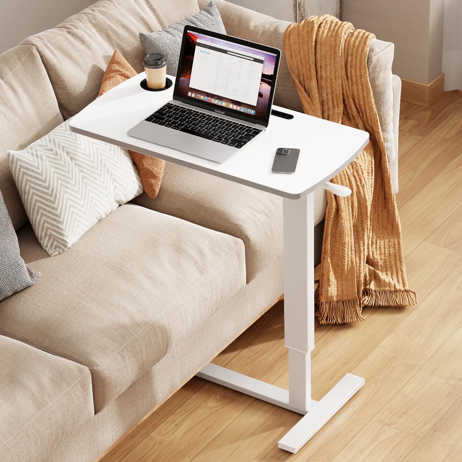 Foldable Overbed Table with Wheels, Pneumatic Adjustable Desk