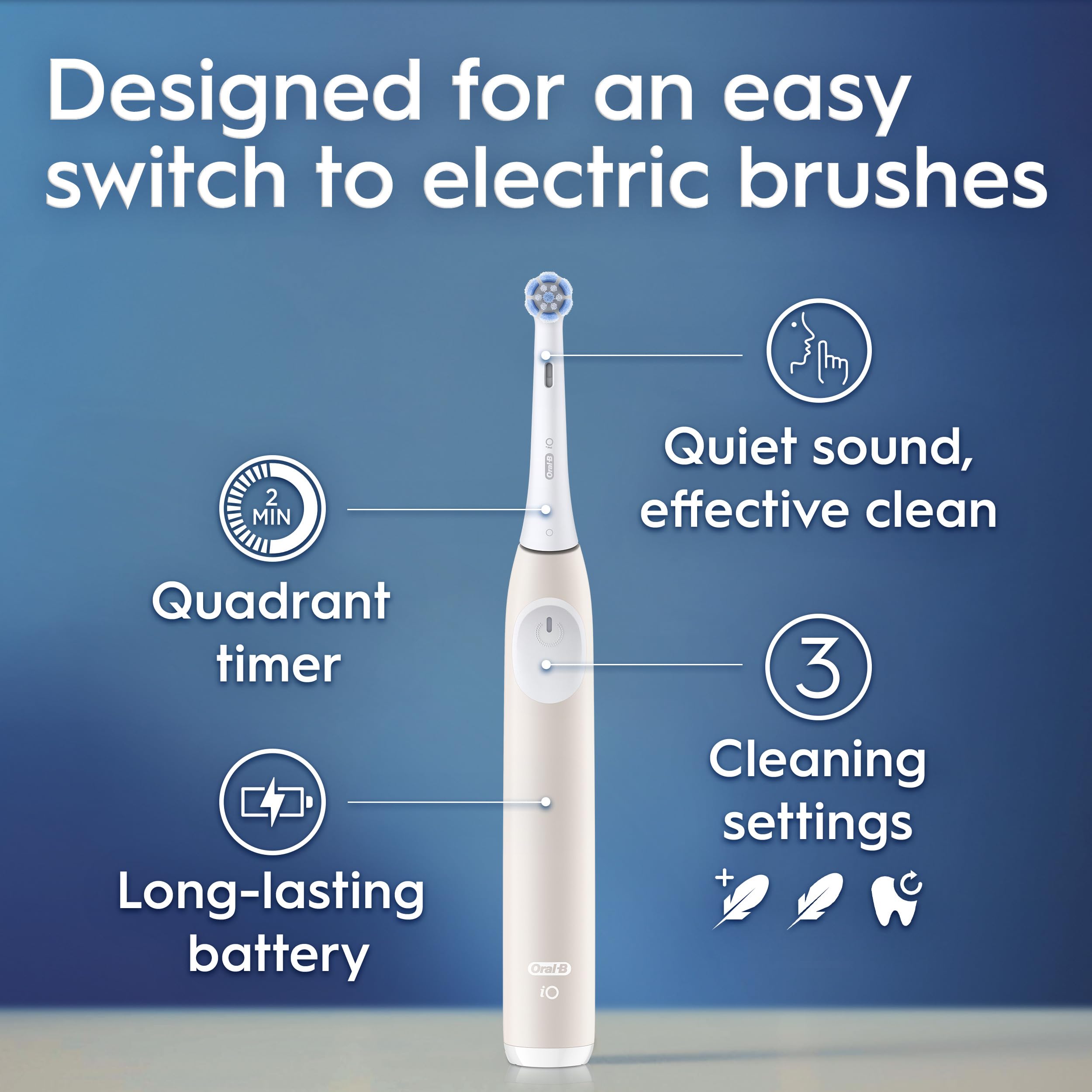 Oral-B iO Elektrische Zahnbürste, Serie 2, wiederaufladbar, Pfirsich mit 1 sanften Pflege-Bürstenkopf – automatischer Drucksensor zum Schutz des Zahnfleisches – 3 Modi – 2 Minuten Timer