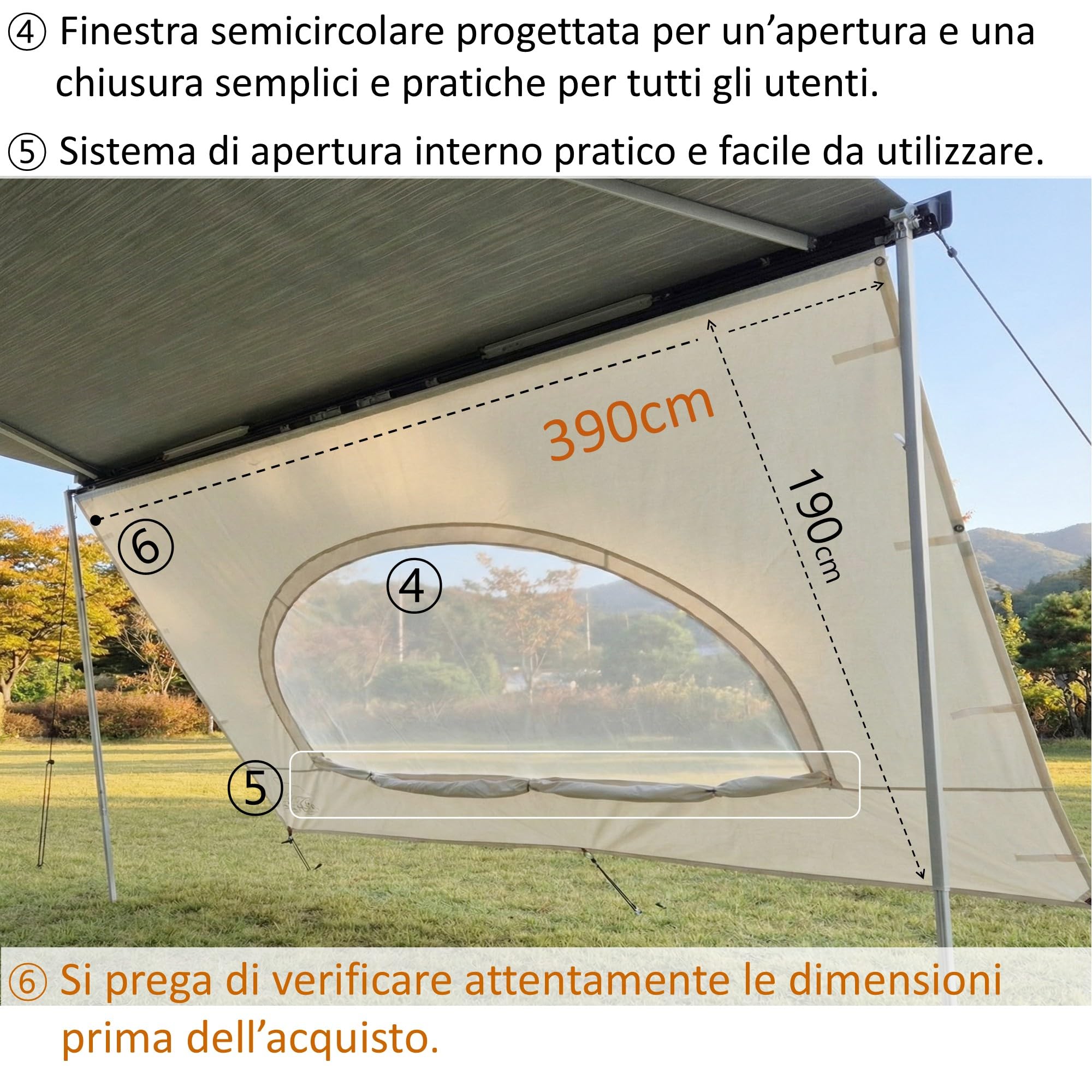 Fiamma F45 AIRIS Parete Anteriore Tenda da Sole Camper 390x190 cm Tessuto Misto Cotone Avorio Impermeabile Protezione UV