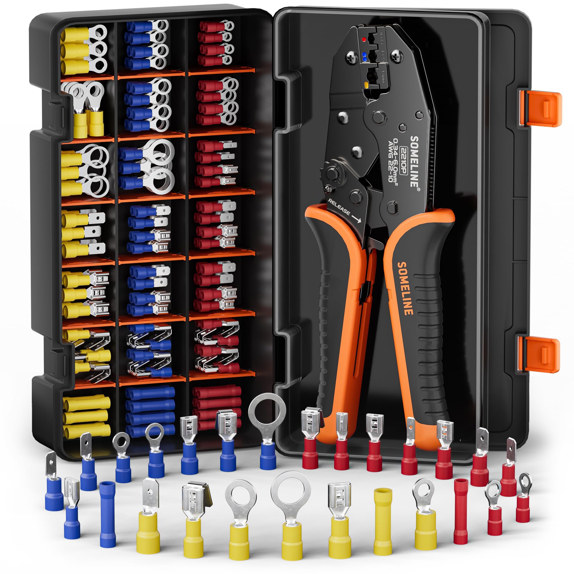 SOMELINE Wire Connectors Kit with Crimping Tool, 26 Types (UL Listed) Premium Insulated Electrical Terminals Assortment, 22-10 AWG Ratchet Wire
