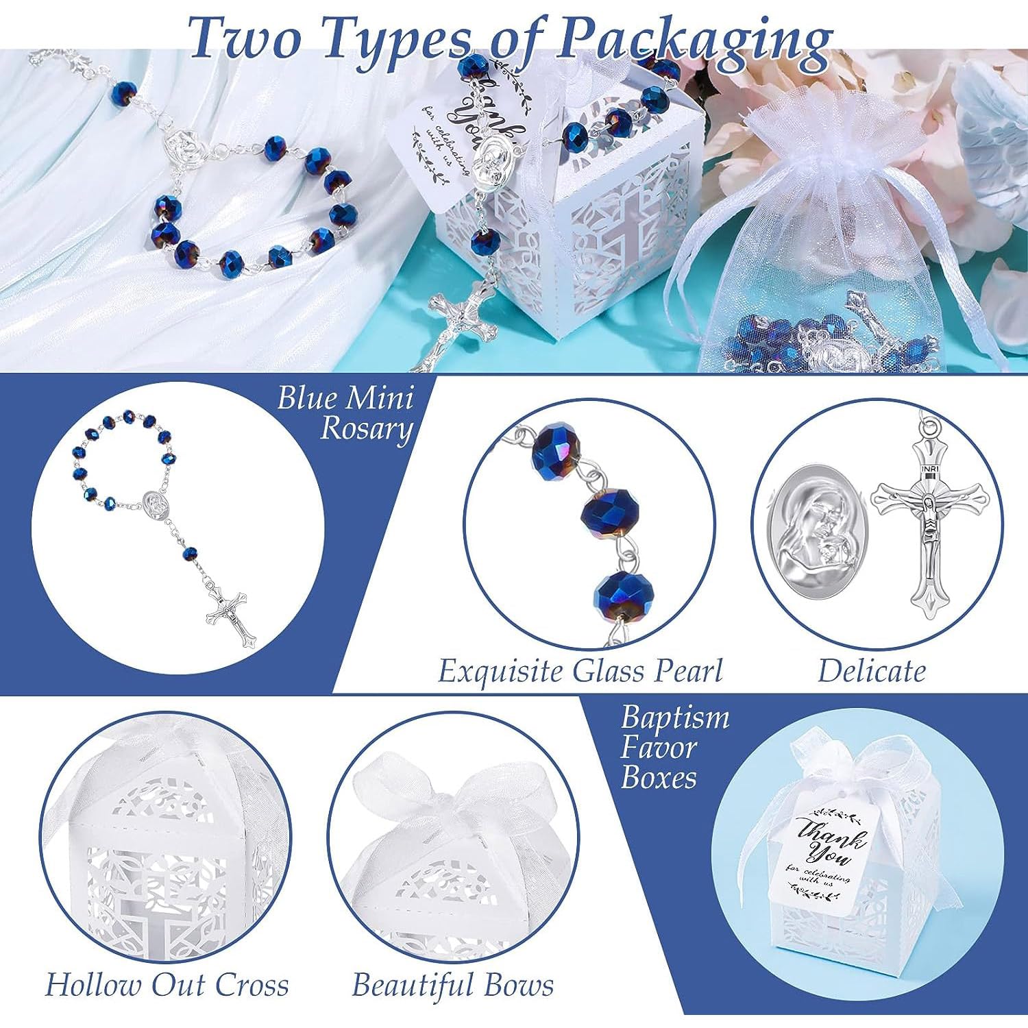 Yinkin 200 Stück Tauf-Rosenkranz-Sets enthalten 50 kleine Mini-Rosenkranz für Gastgeschenke mit Kruzifix, 50 Taufgeschenkboxen, 50 Organza-Beutel, 50 Dankesanhänger für Taufe, Hochzeiten, Geschenk