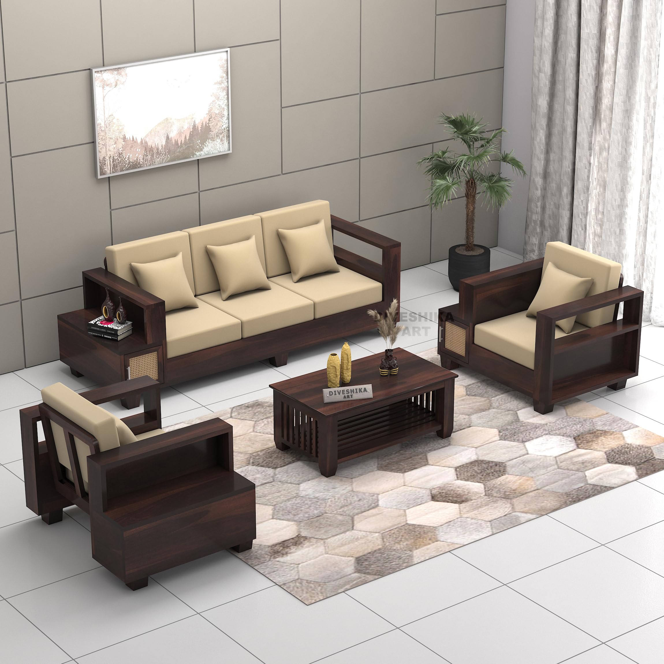DIVESHIKA ART Solid Sheesham Wood 5 Seater Sofa Set with Attached 1 Shelf Drawers for Living Room Furniture Walnut-image-27