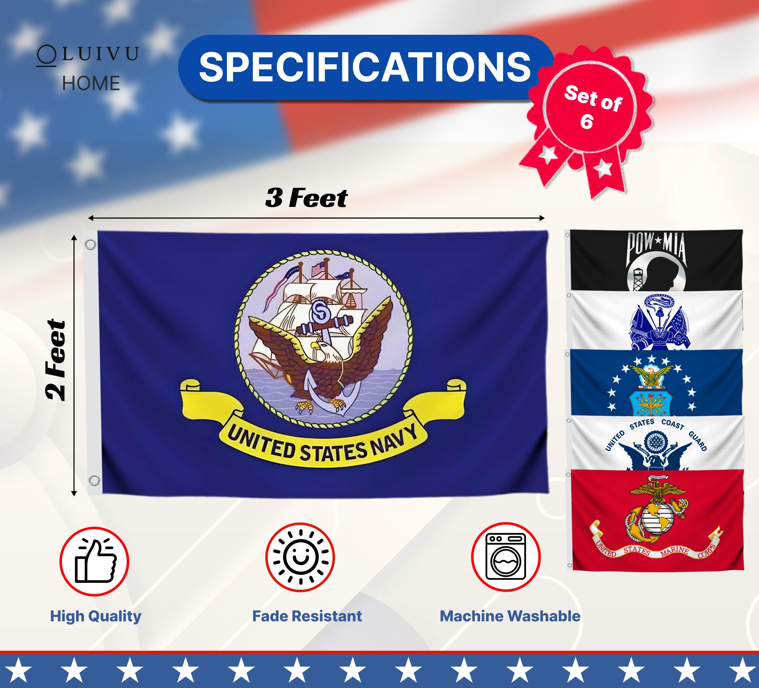 Luivu 7-Pack 3x5ft US Military Flags – Air Force, Navy, USA, Coast Guard & More, Polyester, Hand Wash