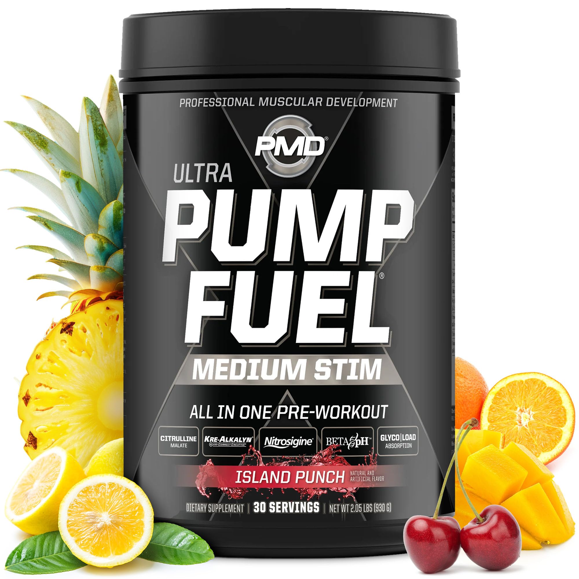 PMD Sports Pump Fuel Ultra Medium Stim - Premium Pre Workout Powder & Muscle Pump, Greater Focus, Endurance & Recovery, Premium Creatine, Arginine & Beta Alanine - Island Punch (30 Servings)