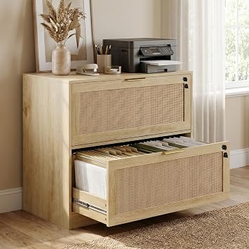 HOPUBUY 2 Drawer File Cabinet with Lock, Printer Stand Lateral | Home Office and School, Wood Rattan Filing Cabinet for Hanging Files/Letter/Legal/A4/F4 Size, Natural, 2Drawer,Set1
