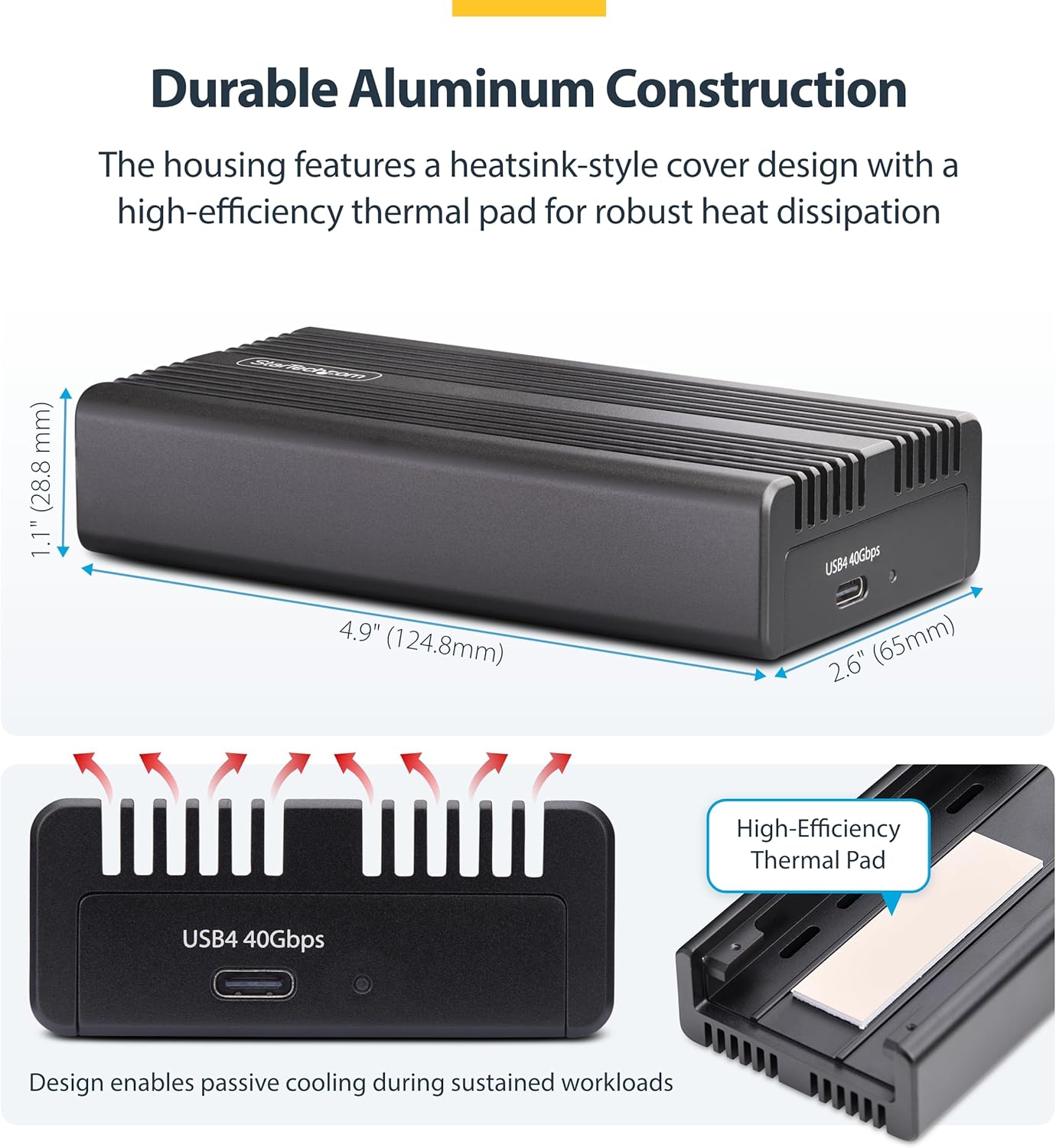 StarTech.com USB4 M.2 NVMe Enclosure, 40Gbps, External USB-C/Thunderbolt NVMe SSD Enclosure, Aluminum Heatsink Case, B+M/M-Key - Image 7