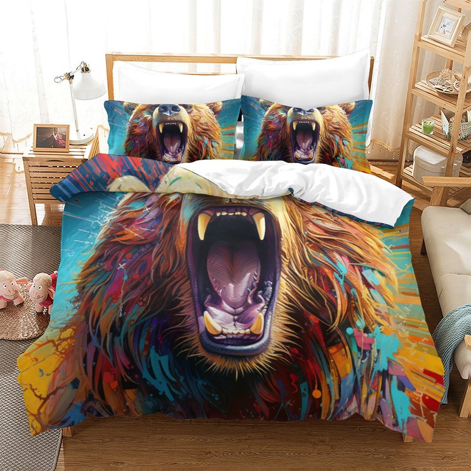 Parure de lit ours 3D 260x220 cm en microfibre douce avec 2 taies d'oreiller pour enfant