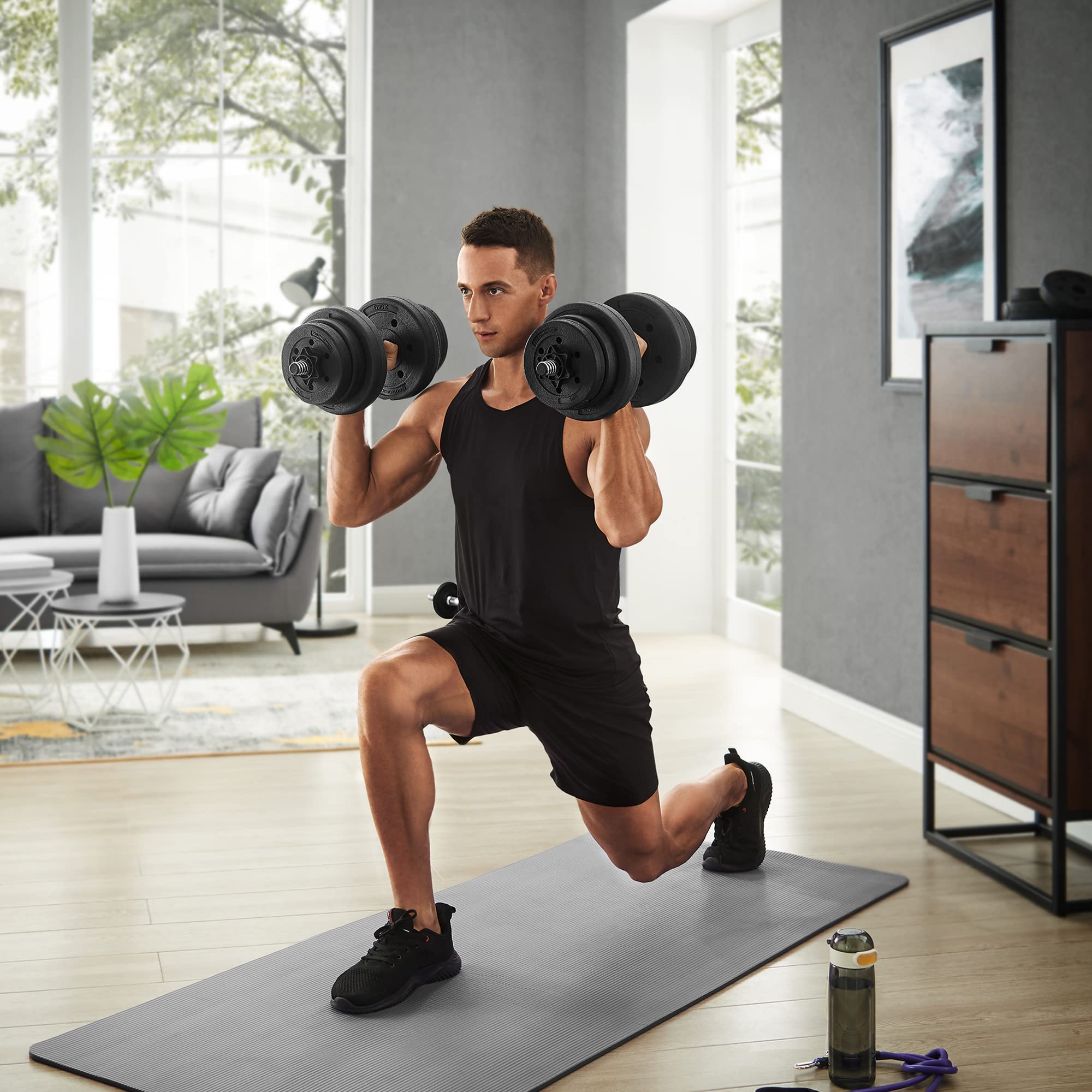 SONGMICS Set di manubri 2 in 1, manubri regolabili con barra extra bilanciere, piastre rivestite in plastica, esercizi fitness, palestra a casa