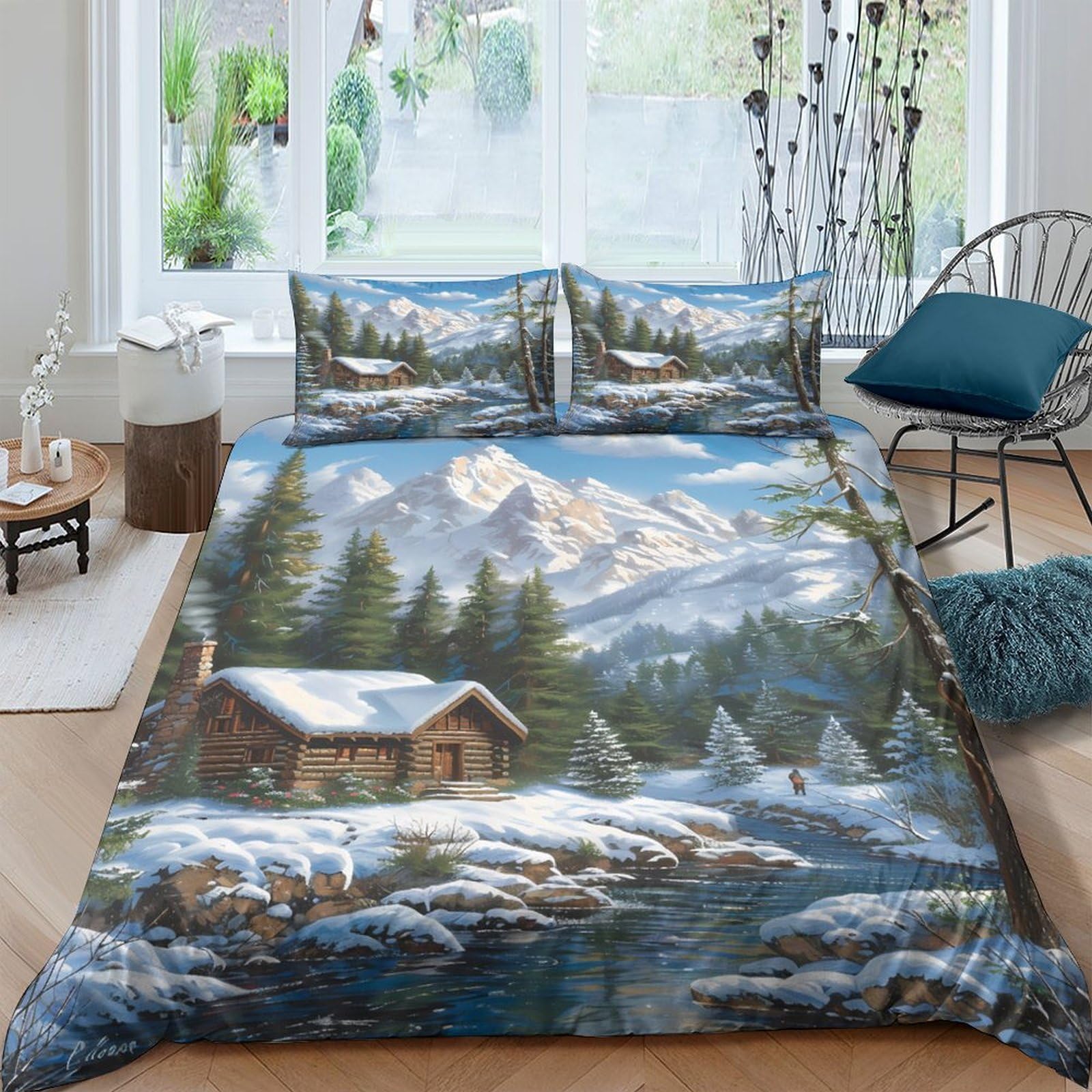 Ctjqhvkz Style-2 3D Printed Winter Mountain Cabin Fitted Sheet Microfiber Soft Breathable Forest River Bed Cover For Bedroom Guest Room Decor Single（135X200cm）