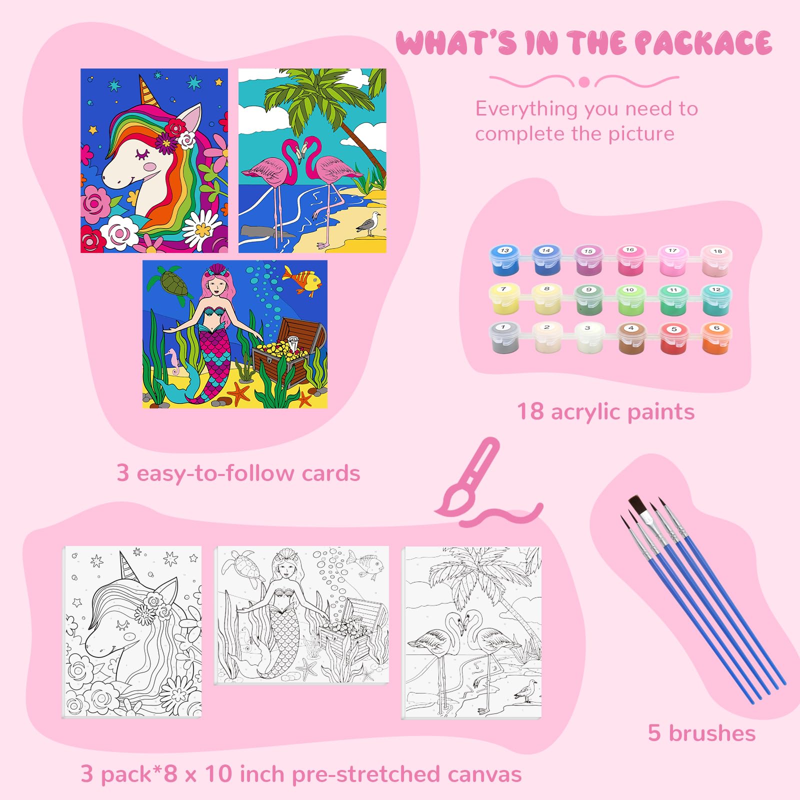 Paquete de 3 pinturas por números para niños, pintura en lienzo predibujada, incluye lienzo enmarcado de 8 x 10 pulgadas con 18 pinturas acrílicas, 5 pinceles, regalos creativos perfectos y artes y