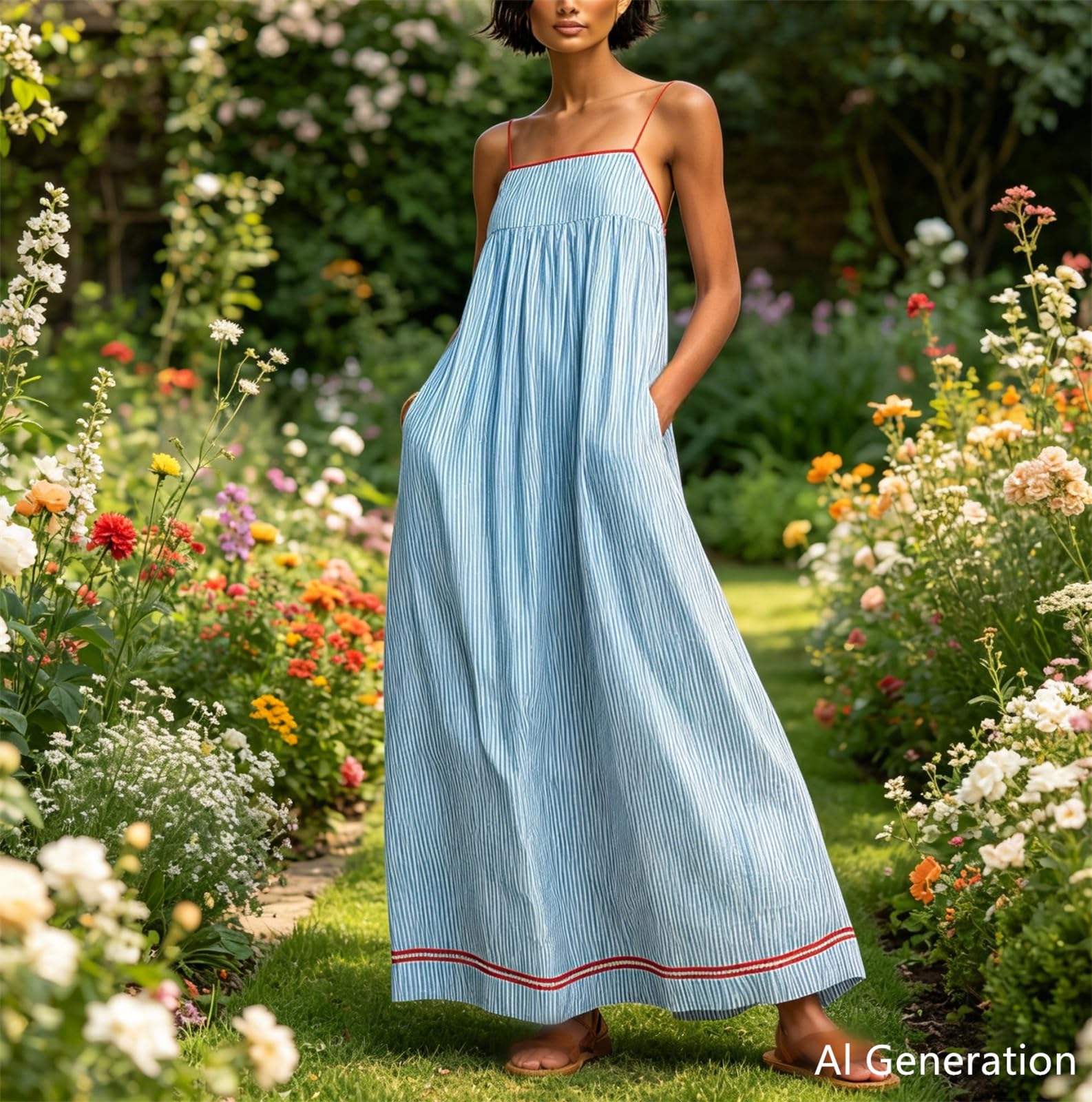 Genérico Vestido Largo de Tirantes Finos Estilo Boho para Mujer, Corte A, con Detalles Rojos