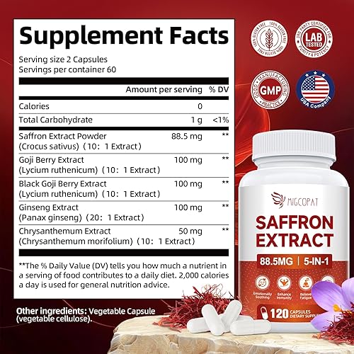 Miniatura 7 de Happy Saffron Supplements - Cápsulas de azafrán 5 en 1 con extracto de azafrán 101 88.5 mg, ginseng, bayas de Goji y crisantemo - Apoya la memoria,