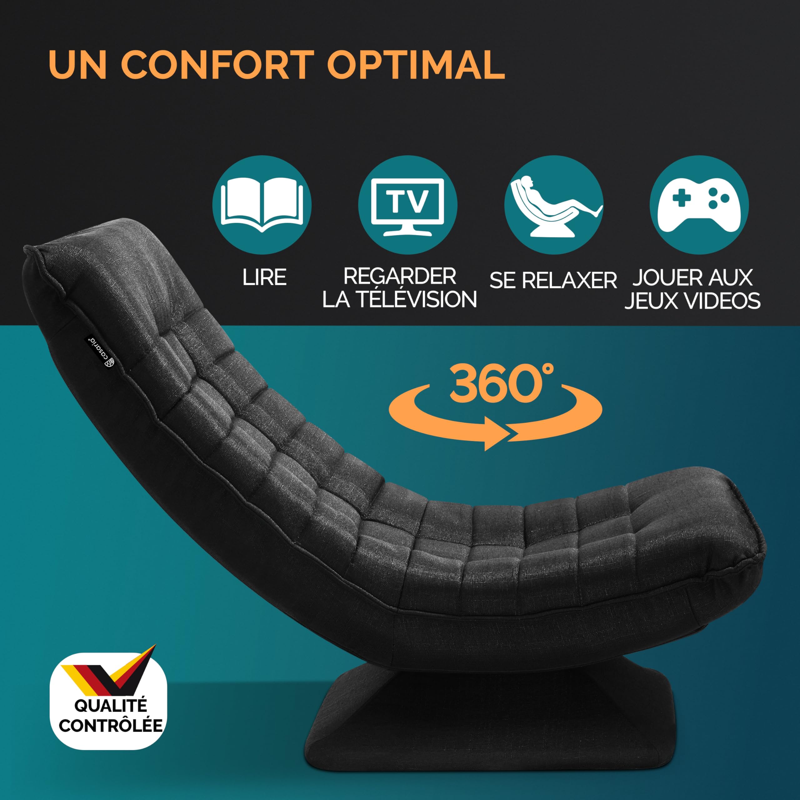 Casaria® Fauteuil Tout Confort pivotant à 360° Noir capacité de Charge de 150kg siège de Gaming 58x57x84/87cm Relaxation