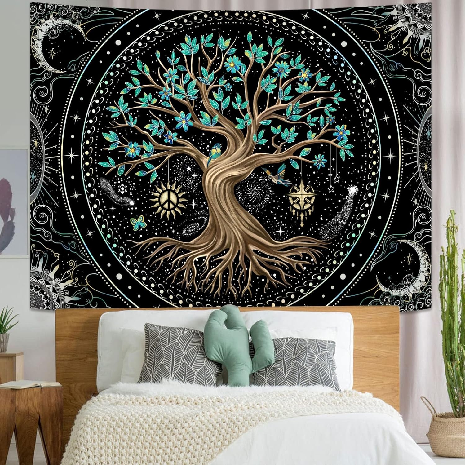 Lunerfex Tree of Life Tapastry Butterfly Moon Tapastry Flower Green Tree Tapestries Mandala Wall Hanging for Bedroom and Living Room Decor 70×90 Inches