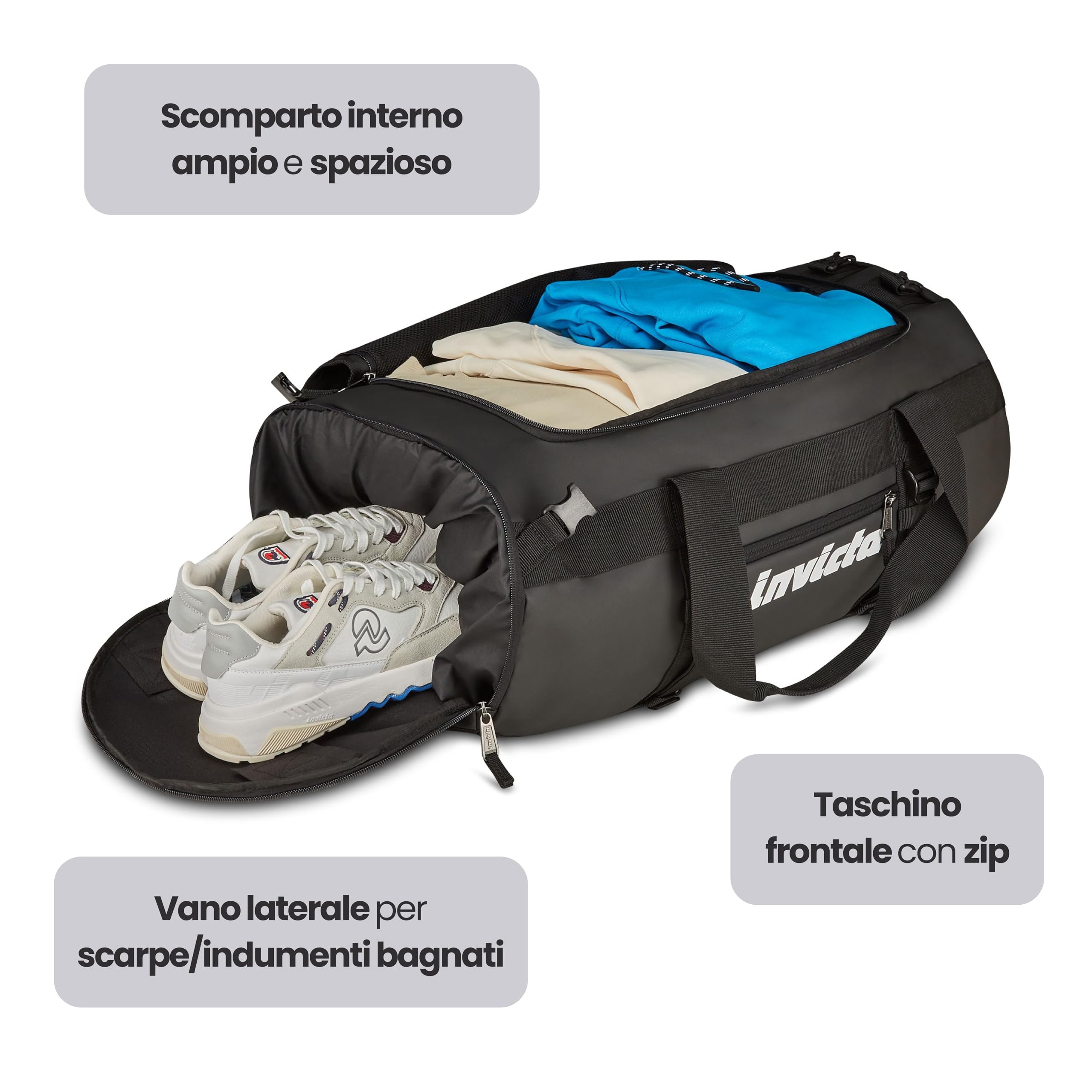 Invicta Zaino da Viaggio 70L – 62x35x35 cm, Nero, Borsone con Spallacci Amovibili, Fondo Rinforzato, Tasche Organizzate, Tasca Frontale e Laterale, Bagaglio Aereo Stiva, Uomo Donna