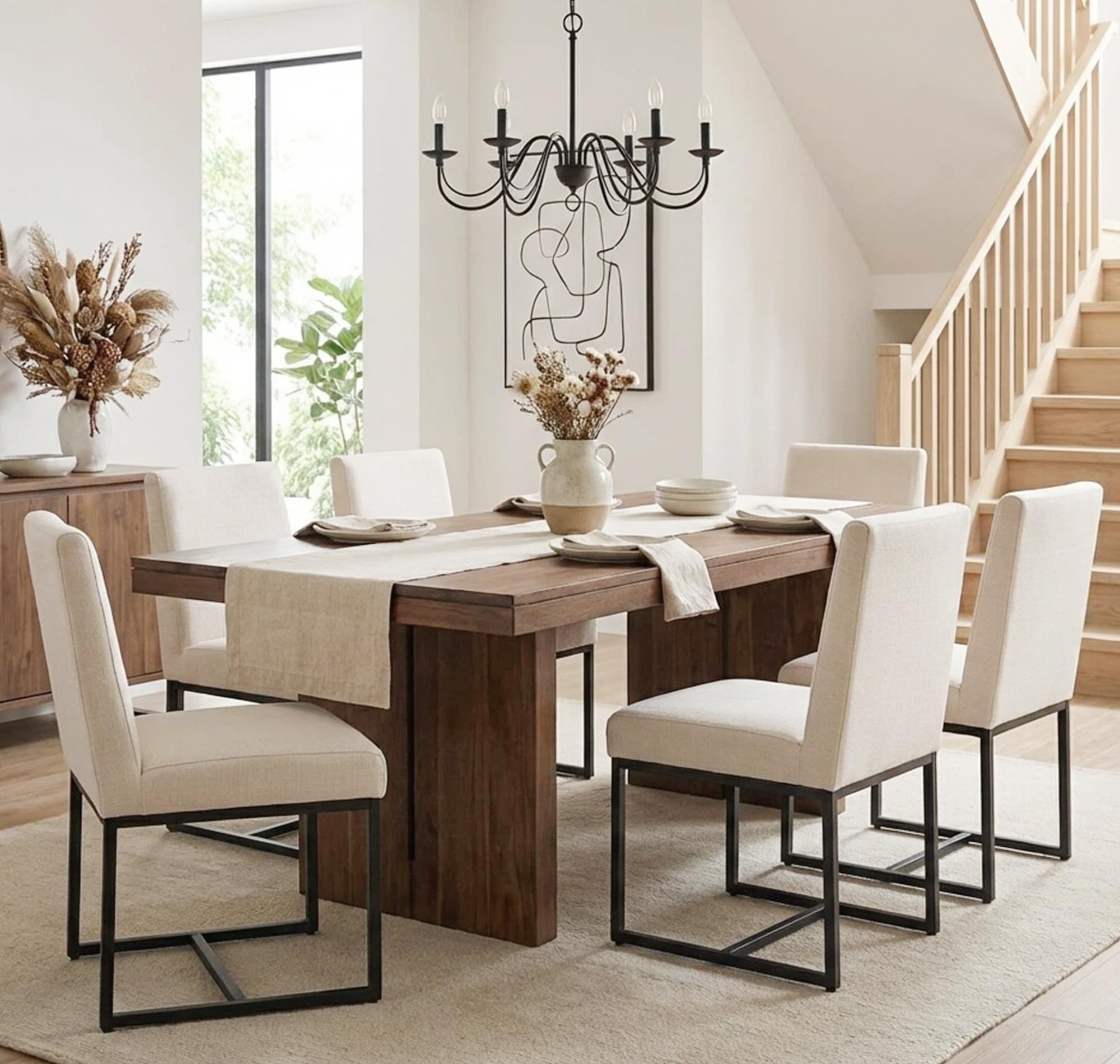 Shunzhi Upholstered Modern Dining Chairs Set of 6 Linen Mid Century Dining Room Chairs Armless Side Chair Comfy Kitchen Chairs with Black Metal Base