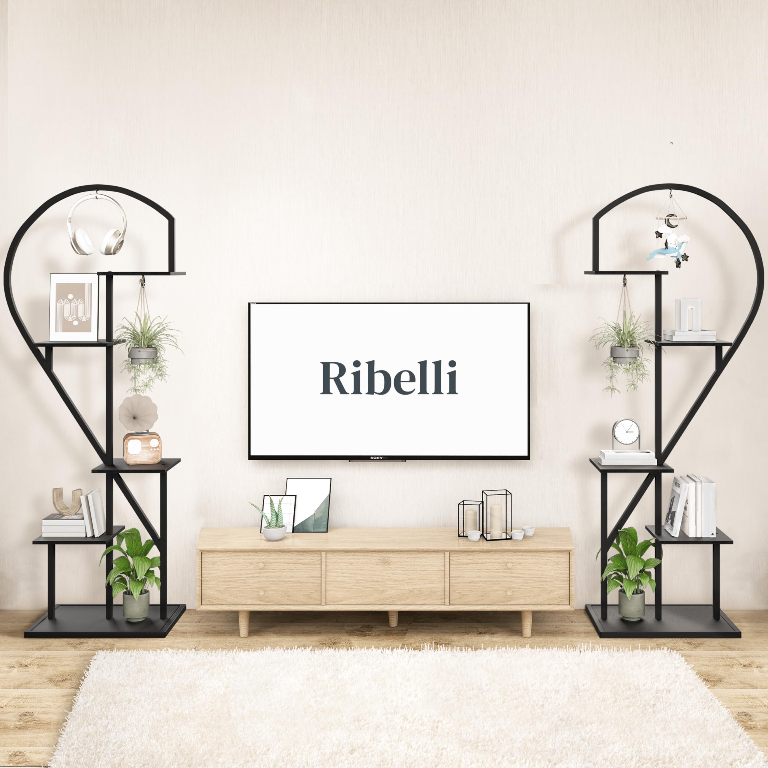 Ribelli 5-stufiger Metall-Pflanzenständer in Herzform 170 cm, Pflanzenregal mit 5 Ablagen & 4 Haken, Hoch Blumenständer Pflanzentreppe mit Kippschutz für Balkon Wohnzimmer Terrasse, Schwarz