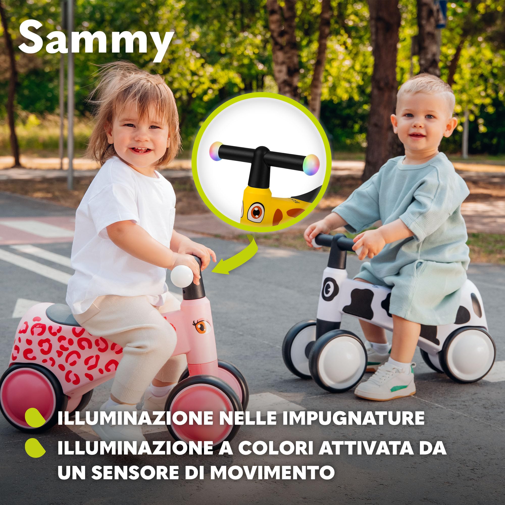 lionelo SAMMY Bicicletta Senza Pedali da 1 a 3 anni, Camminatore Bambini 4 Ruote Fino a 25 kg, Maniglie Antiscivolo con Luci 3 Design Sella Ergonomica, Per Bambine e Bambini