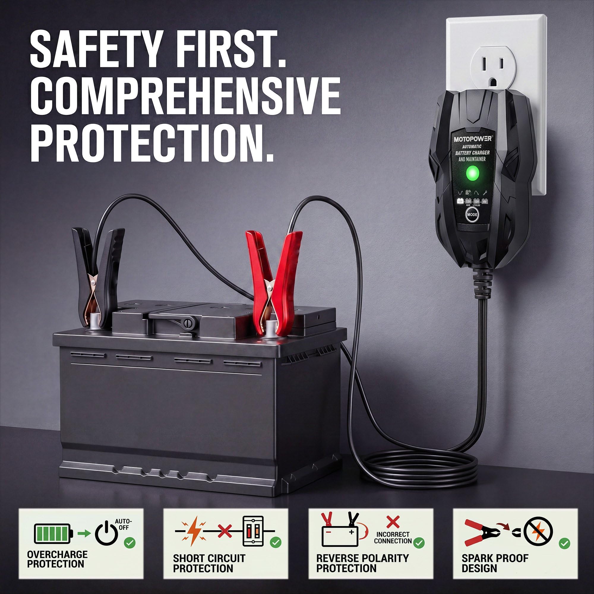 MOTOPOWER MX1000 1A 6V/12V Caricabatterie Intelligente per Mantenimento