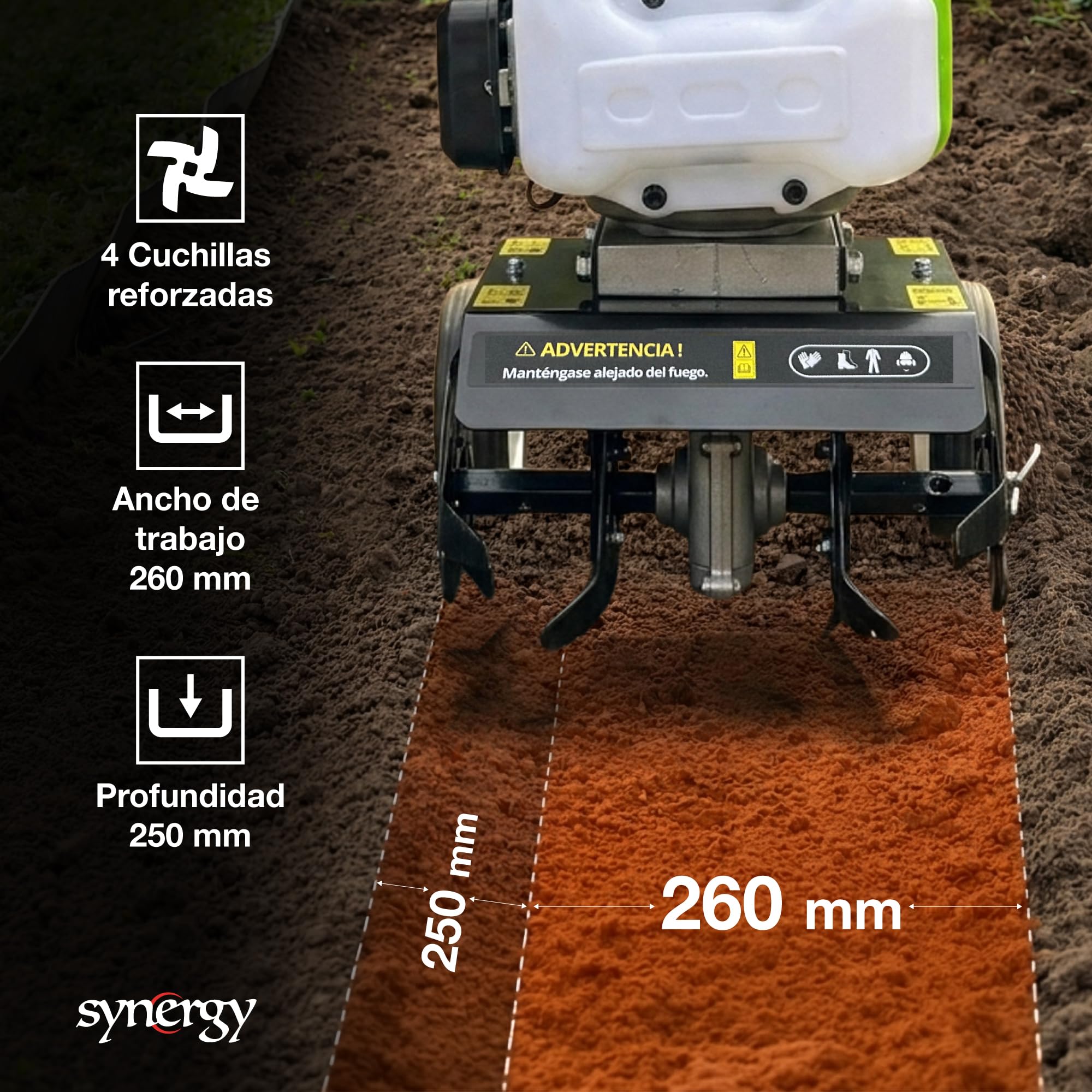 Synergy Mini Motoazada Gasolina 52cc 2CV – Motor 2 Tiempos – Ancho de Trabajo 26cm – 4 Cuchillas Reforzadas y Ruedas de Transporte – Modelo Groundwork