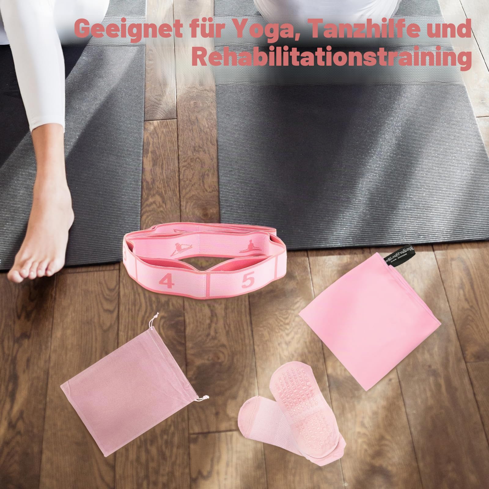 Yoga Set mit 8 Widerstandsstufen – 90cm Yoga Gurt Band mit Motiv, Inkl. Handtuch, Anti-Rutsch Socken & Tragetasche – Für Stretching, Pilates, Fitness