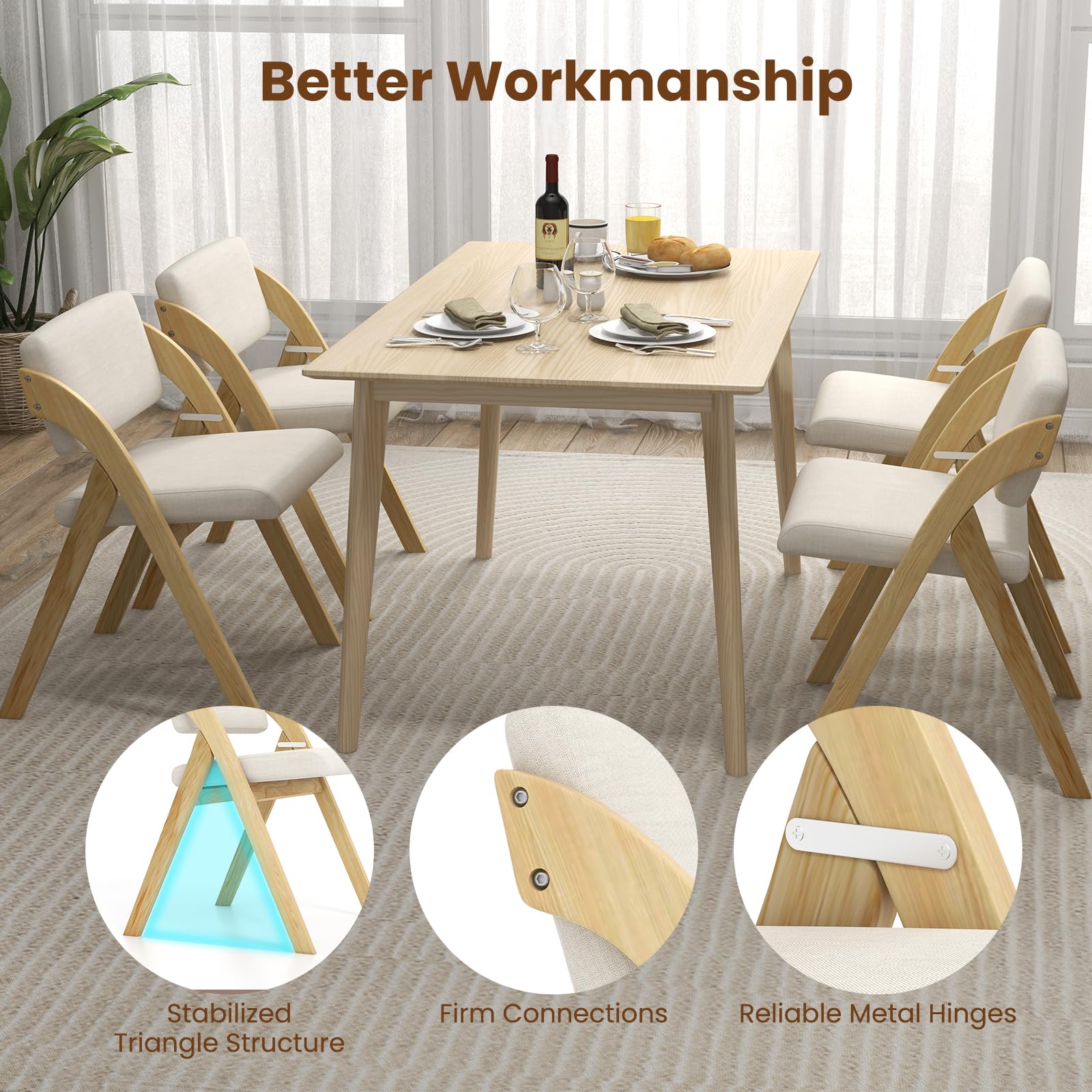 HOMASIS Set di 2 Sedie Pieghevoli da Sala da Pranzo, Poltrona da Salotto con Seduta e Schienale Imbottiti, Sedia da Cucina con Gambe in Legno Massello per Ufficio, 56 x 53 x 76 cm (Naturale)
