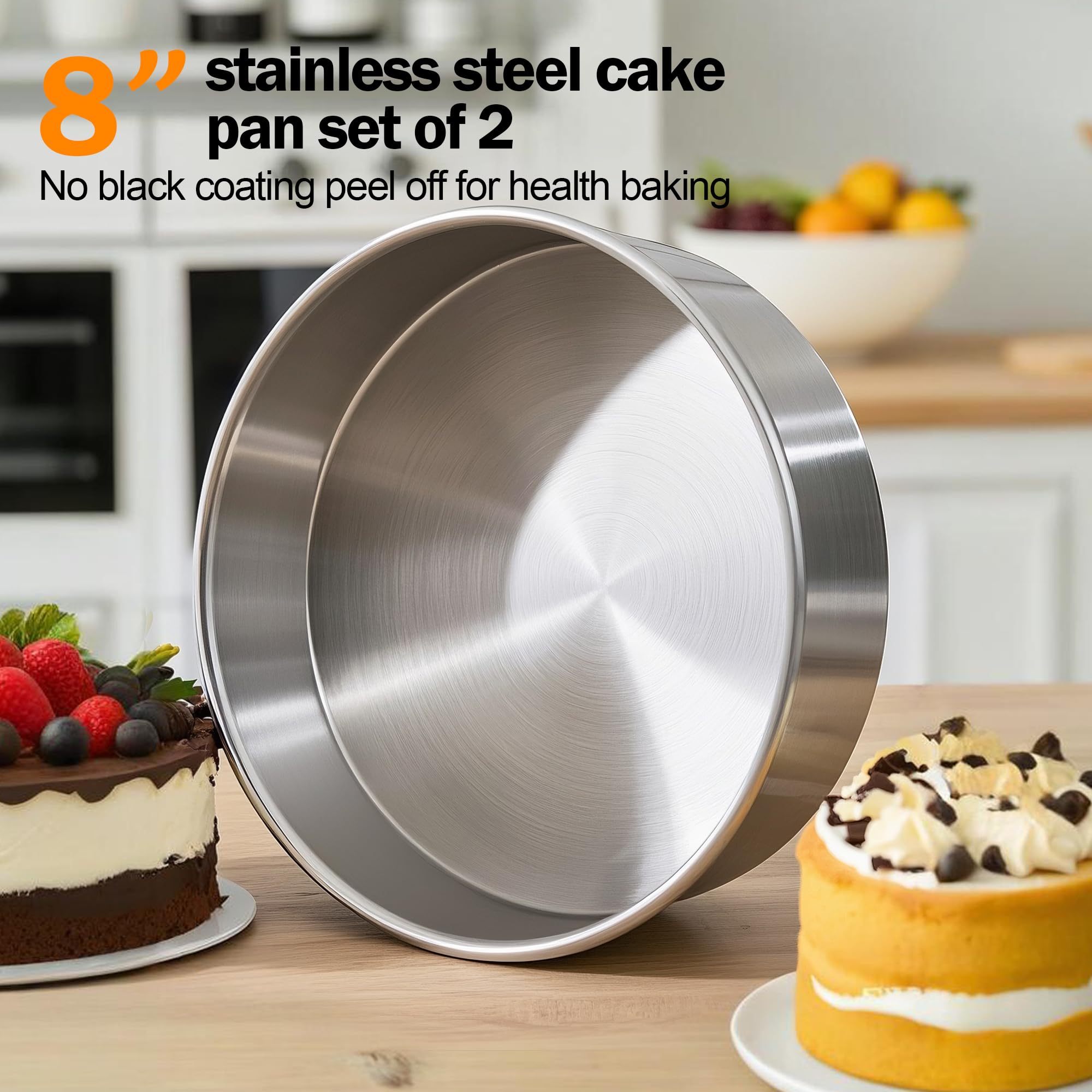 Juego de 2 moldes para tartas de 8 pulgadas, molde redondo de acero inoxidable para pasteles en capas, sin revestimiento, molde para pasteles, acabado espejo, apto para lavavajillas, juego de