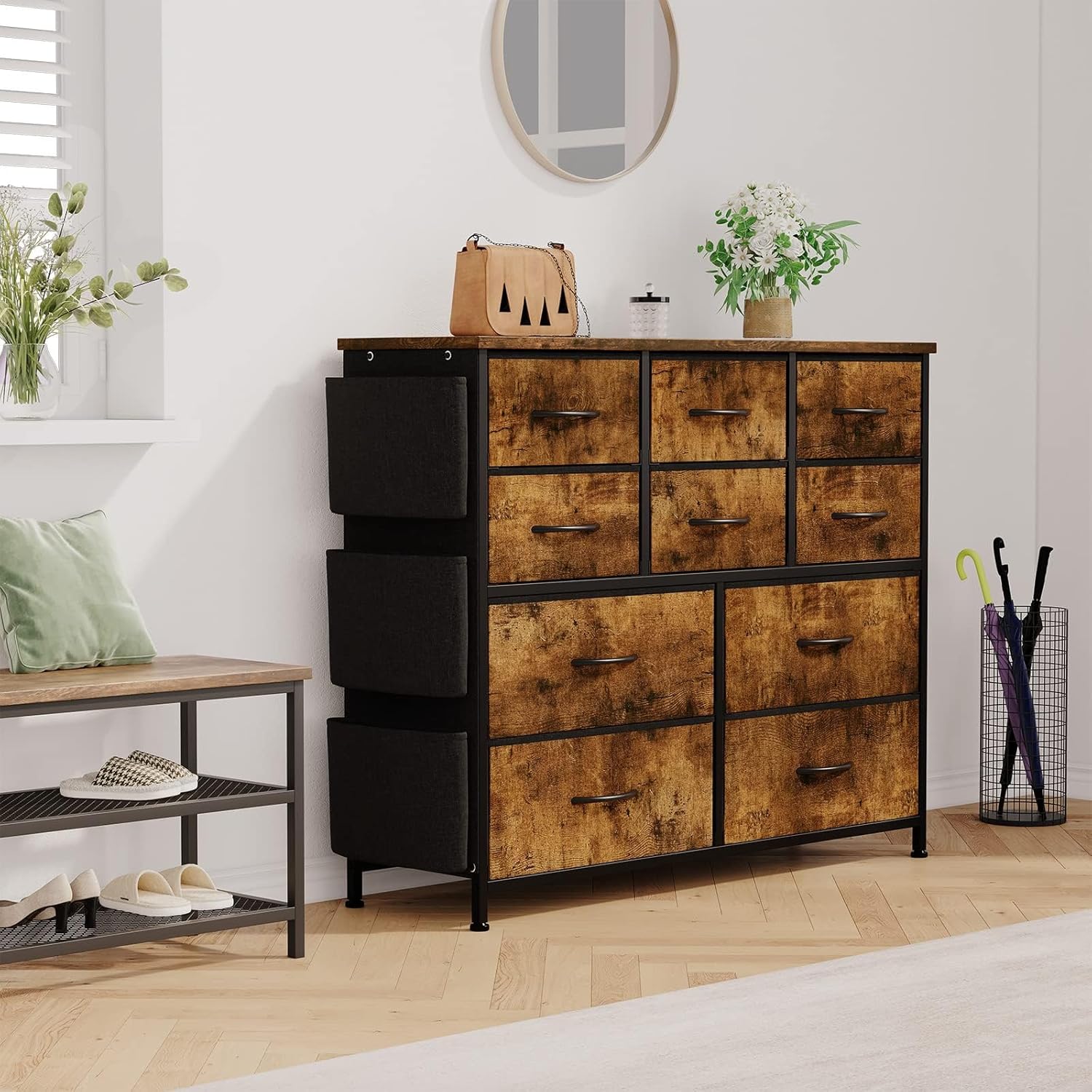 Dresser for Bedroom,Cloth Storage Tower with 10 Drawers,TV Stand,10 Drawers Dresser,Chest of Drawers with Fabric Bins,Steel Frame,Wood Top for Bedroom, Kids Room,Closet,Entryway