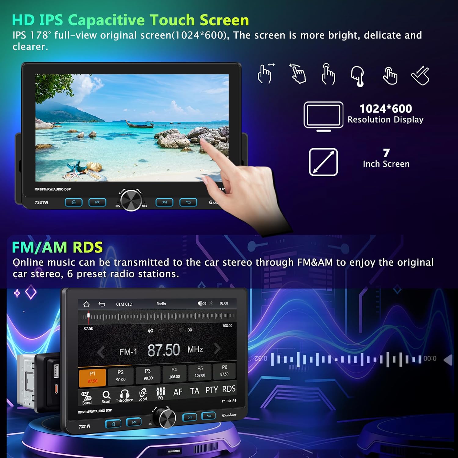 7" Single Din Touchscreen Radio, Floating Car Stereo with Wireless Apple CarPlay & Android Auto,30° Adjustable HD IPS Touchscreen,FM/AM,Bluetooth 5.2,USB & Type-C,MIC,Physical Knob, Backup Camera