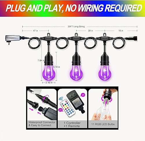 Miniatura 5 de Auroraworld Tira de luces RGB de 35 pies para exteriores, regulables, cambio de color, impermeable, luces LED para patio con control remoto y