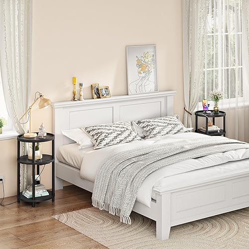 Miniatura 9 de HOOBRO Mesa auxiliar redonda pequeña con estación de carga, mesa auxiliar redonda de bambú de 3 niveles, mesa de noche compacta para espacio