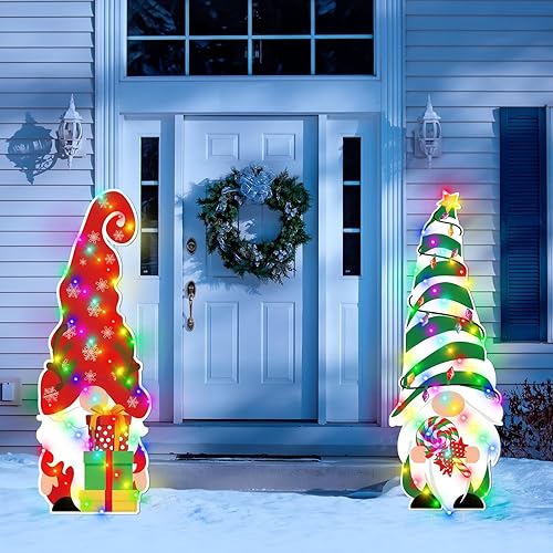 Miniatura 5 de Hushee Paquete de 2 gnomos de Navidad iluminados de 44 pulgadas para patio, estacas grandes de gnomos de Navidad con 2 luces LED impermeables para