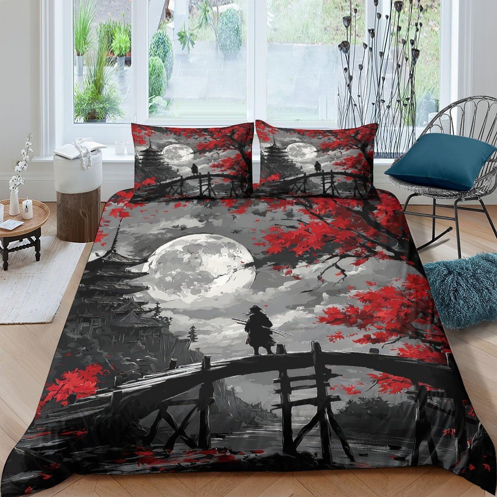 Ctjqhvkz Style-8 3D Printed Moon Bridge Fitted Sheet Microfiber Red Maple Mattress Cover For Bedroom Dorm Dustproof Easy Care Single（135X200cm）