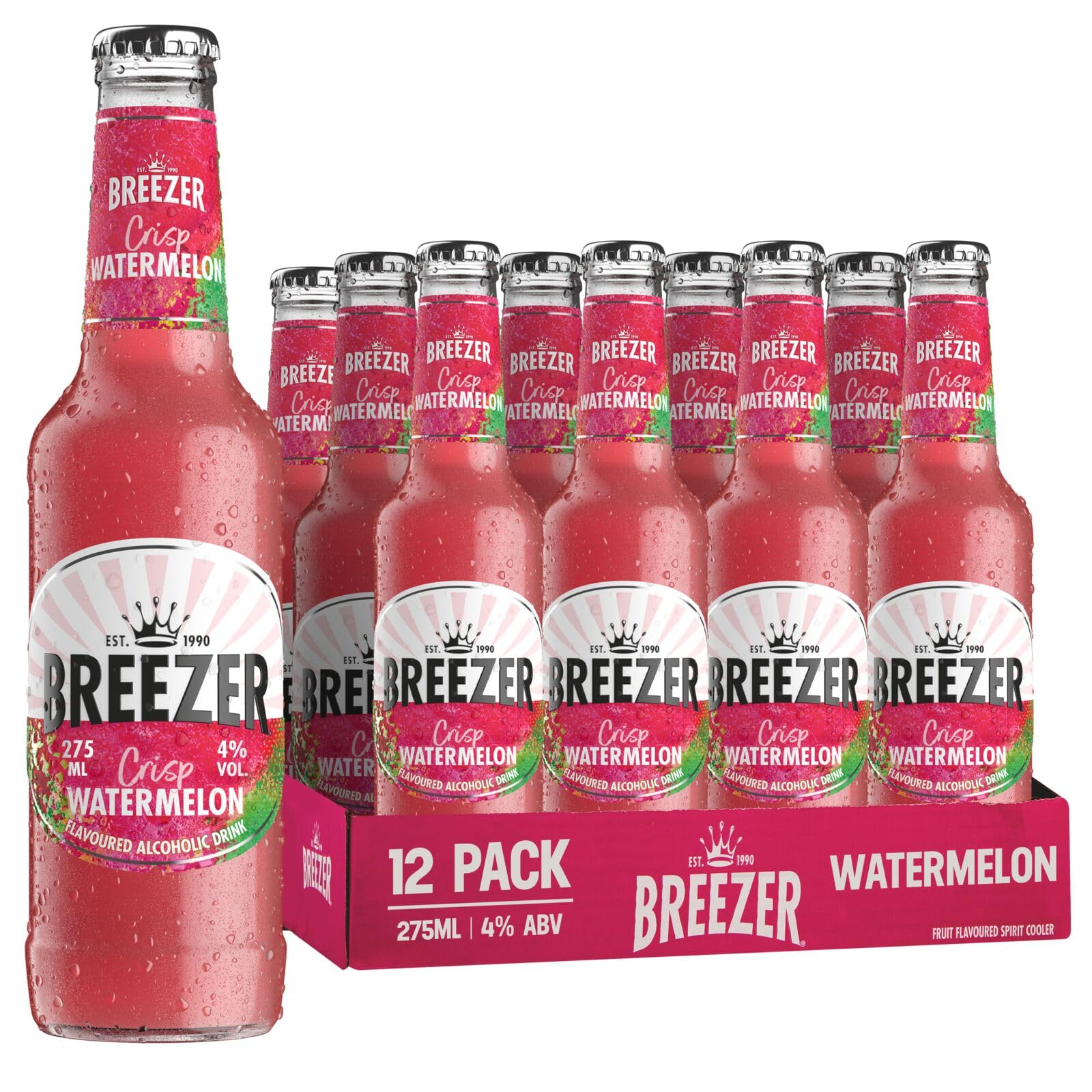 BREEZER Crisp Watermelon Bebidas Alcohólicas con Sabor a Sandía, 4% Vol., 27,5 cl / 275 ml (Pack de 24), Alcohol Premezclado Listo para Beber