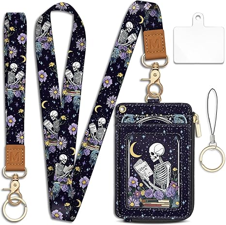 Goth Skeleton Book Lanyard Wallet with ID Badge Holder, Flowers Moon Star Small RFID Wallet Women Keychain Wristlet, Slim Credit Card Holder with Zipper Pocket Phone Lanyard Wrist Strap Office Teacher